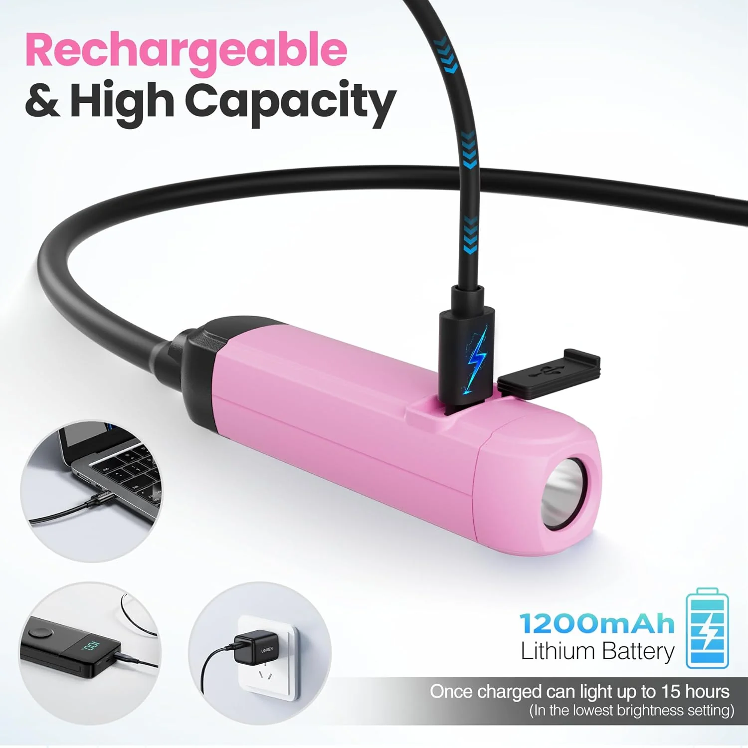 WORKPRO Rechargeable Neck Light for Hands-Free Lighting, 3 Brightness Levels 300 Lumens Neck Light, Bendable Silicone Arm, Great for Mechanics, Reading, Camping, DIY Projects, Crafting, Pink Ribbon - Image 5