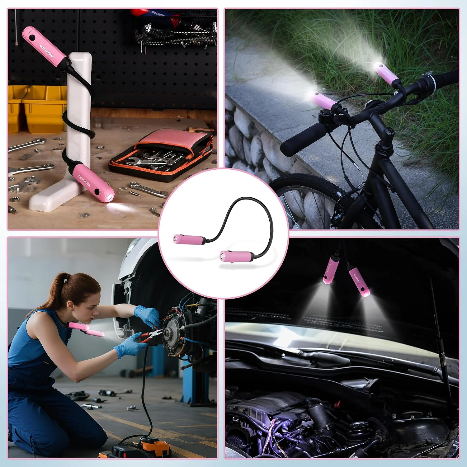 WORKPRO Rechargeable Neck Light for Hands-Free Lighting, 3 Brightness Levels 300 Lumens Neck Light, Bendable Silicone Arm, Great for Mechanics, Reading, Camping, DIY Projects, Crafting, Pink Ribbon - Image 7