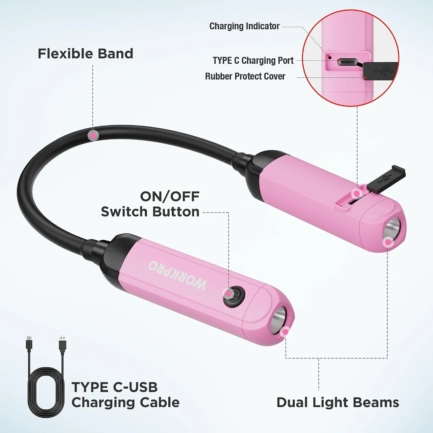 WORKPRO Rechargeable Neck Light for Hands-Free Lighting, 3 Brightness Levels 300 Lumens Neck Light, Bendable Silicone Arm, Great for Mechanics, Reading, Camping, DIY Projects, Crafting, Pink Ribbon - Image 8