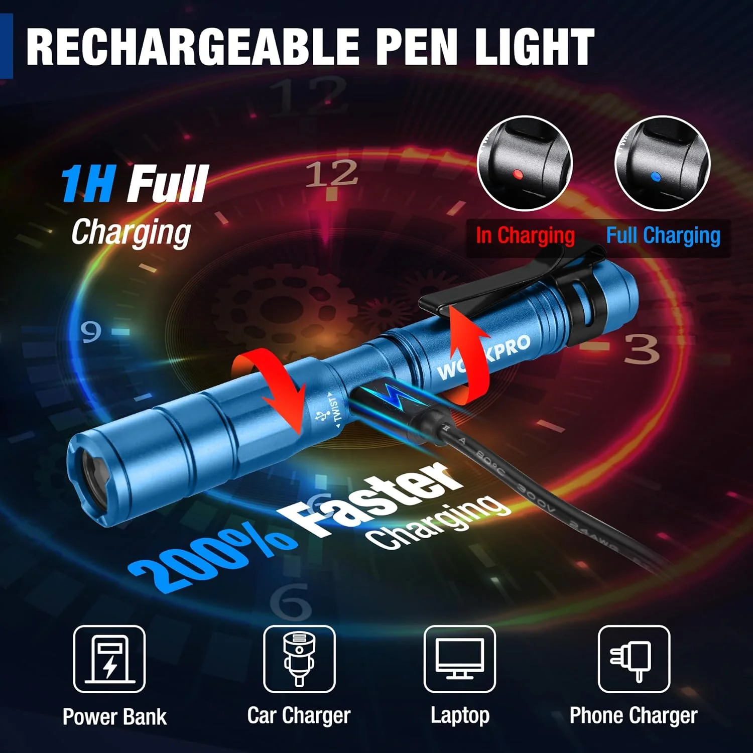 WORKPRO Rechargeable Pen Light, Mini Flashlight, 2 Pack Ultra-Compact EDC Flashlight, Pocket Flashlight with Clip, Memory Function and 2 x USB C Cable Included, Blue - Image 3