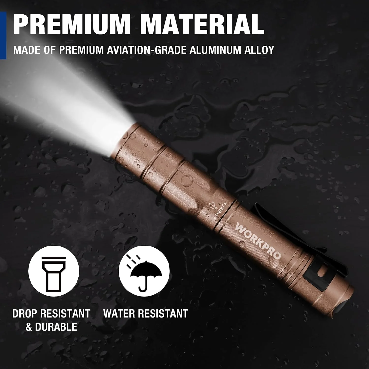 WORKPRO Rechargeable Pen Light, Mini Flashlight, 2 Pack Ultra-Compact EDC Flashlight, Pocket Flashlight with Clip, Memory Function and 2 x USB C Cable Included, Brown - Image 6