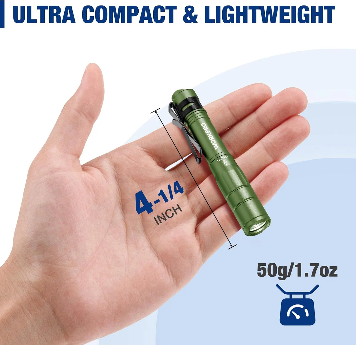 WORKPRO Rechargeable Pen Light, Mini Flashlight, 2 Pack Ultra-Compact EDC Flashlight, Pocket Flashlight with Clip, Memory Function and 2 x USB C Cable Included, Green - Image 2
