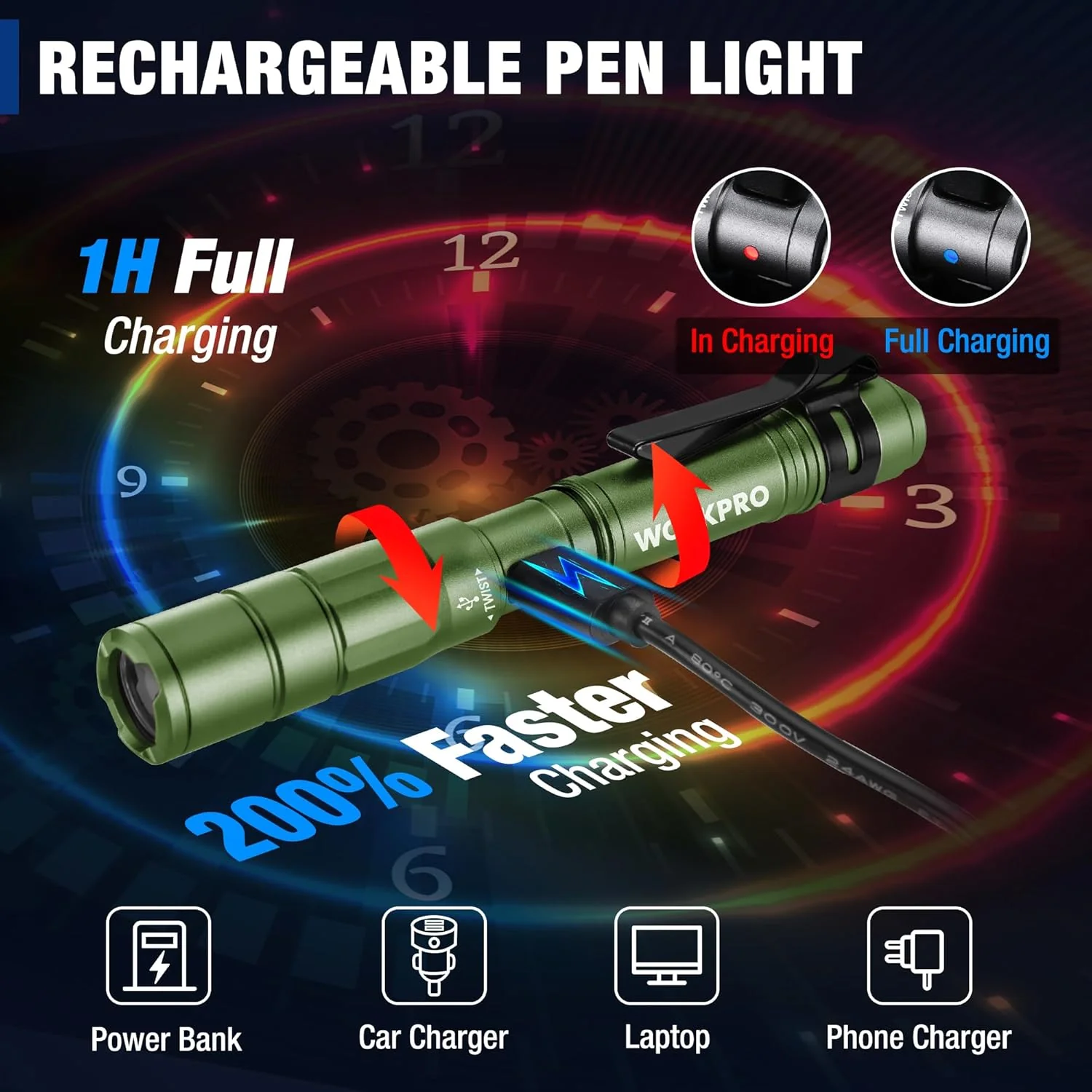 WORKPRO Rechargeable Pen Light, Mini Flashlight, 2 Pack Ultra-Compact EDC Flashlight, Pocket Flashlight with Clip, Memory Function and 2 x USB C Cable Included, Green - Image 3