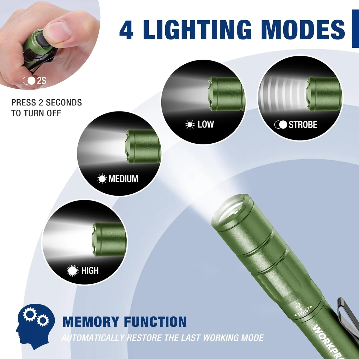 WORKPRO Rechargeable Pen Light, Mini Flashlight, 2 Pack Ultra-Compact EDC Flashlight, Pocket Flashlight with Clip, Memory Function and 2 x USB C Cable Included, Green - Image 4