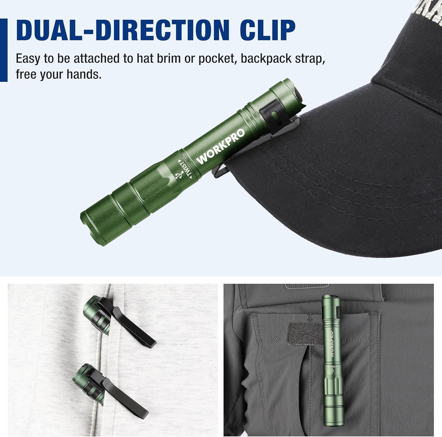 WORKPRO Rechargeable Pen Light, Mini Flashlight, 2 Pack Ultra-Compact EDC Flashlight, Pocket Flashlight with Clip, Memory Function and 2 x USB C Cable Included, Green - Image 5