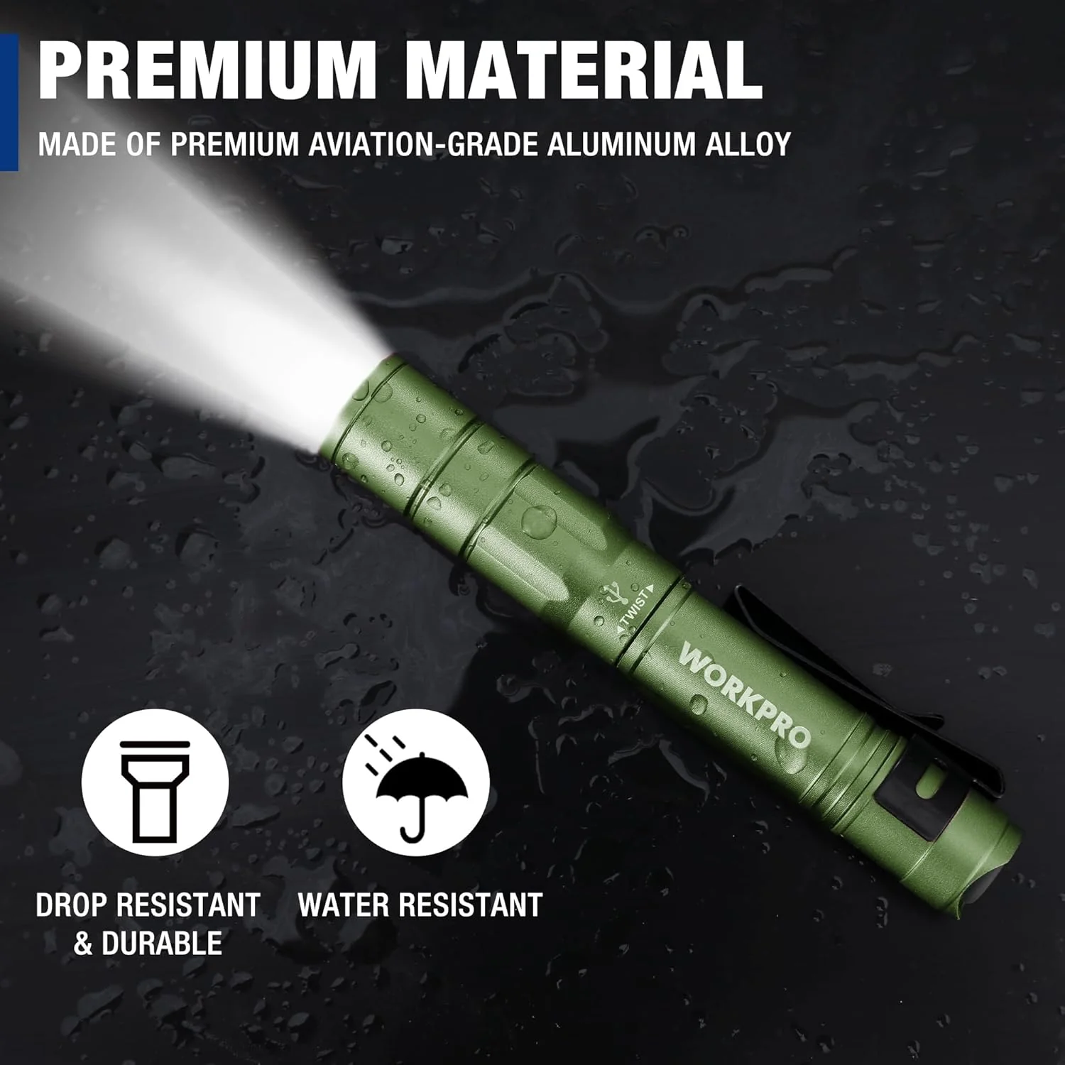 WORKPRO Rechargeable Pen Light, Mini Flashlight, 2 Pack Ultra-Compact EDC Flashlight, Pocket Flashlight with Clip, Memory Function and 2 x USB C Cable Included, Green - Image 6