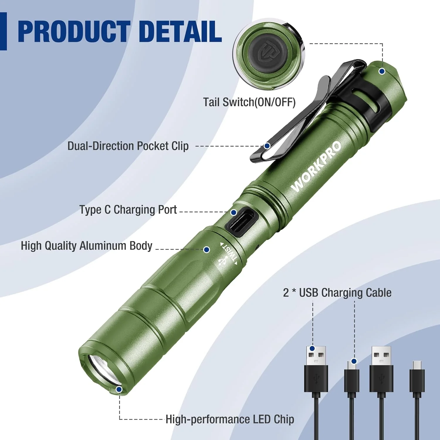 WORKPRO Rechargeable Pen Light, Mini Flashlight, 2 Pack Ultra-Compact EDC Flashlight, Pocket Flashlight with Clip, Memory Function and 2 x USB C Cable Included, Green - Image 7
