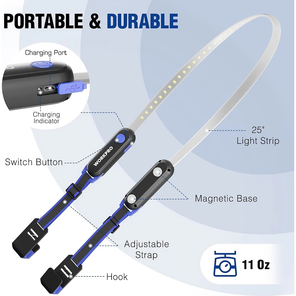 WORKPRO Rechargeable Underhood Work Light, 25inch Long Foldable LED Work Light Bar, 3 Lighting Modes with Adjustable Straps and Hooks, Magnetic Light for Car Repairing/Garage/Workshop/Emergency - Image 2