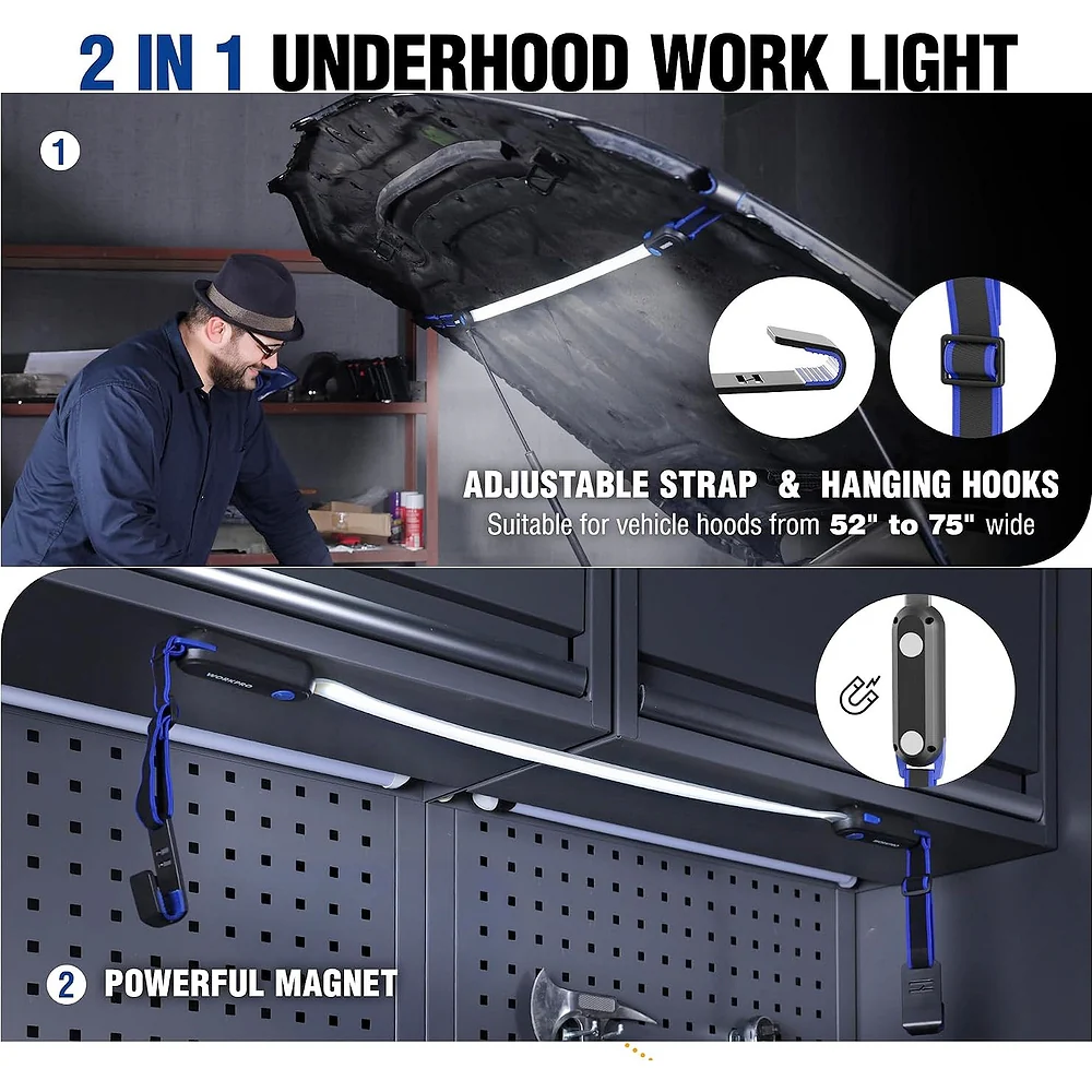 WORKPRO Rechargeable Underhood Work Light, 25inch Long Foldable LED Work Light Bar, 3 Lighting Modes with Adjustable Straps and Hooks, Magnetic Light for Car Repairing/Garage/Workshop/Emergency - Image 4