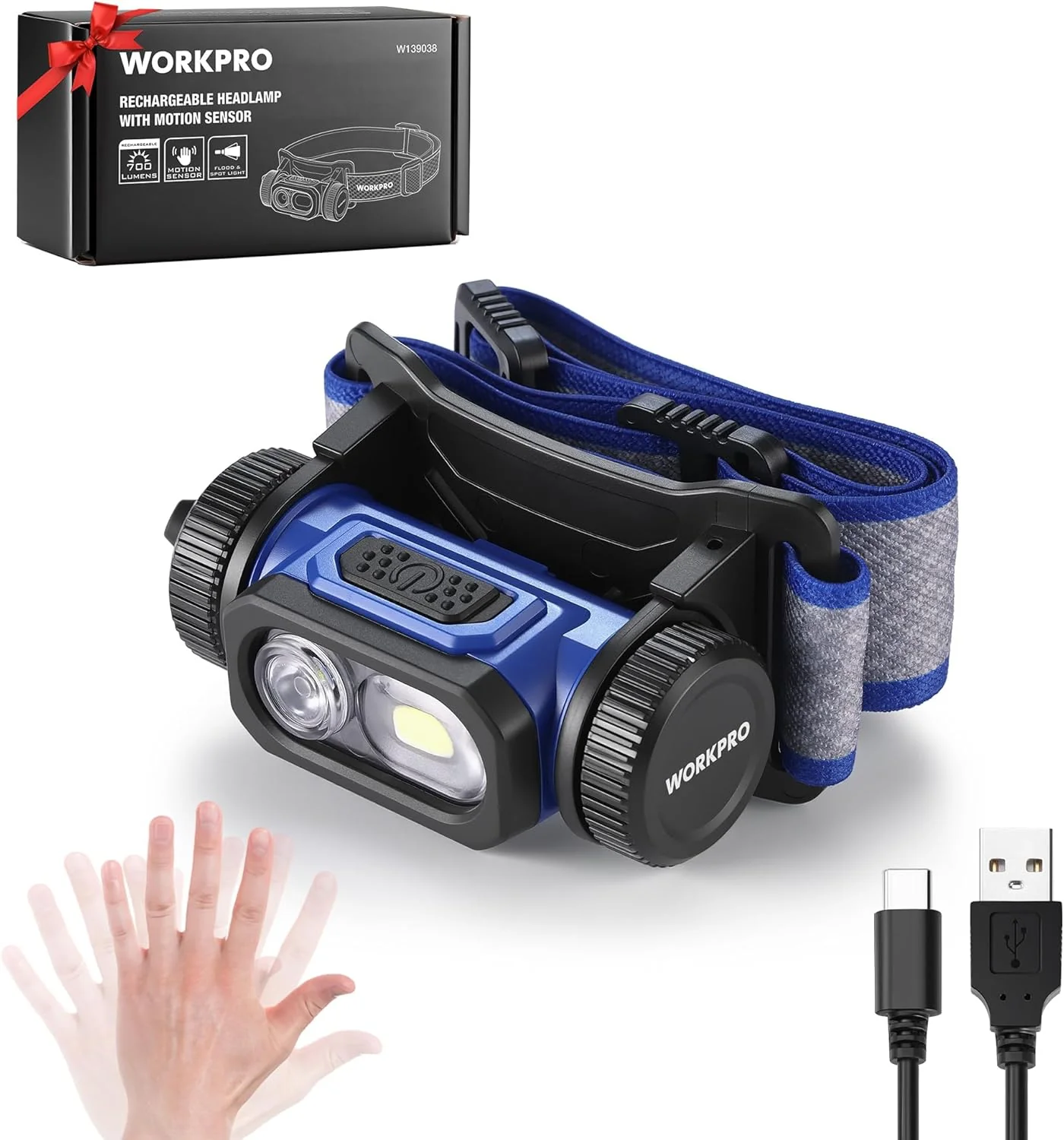 WORKPRO Rechargeable Work Headlamp, 700LM LED Head Lamp with Motion Sensor, 180° Adjustable Angle & Long Runtime, Memory Function for Mechanic, Repair, Construction and Jobsite