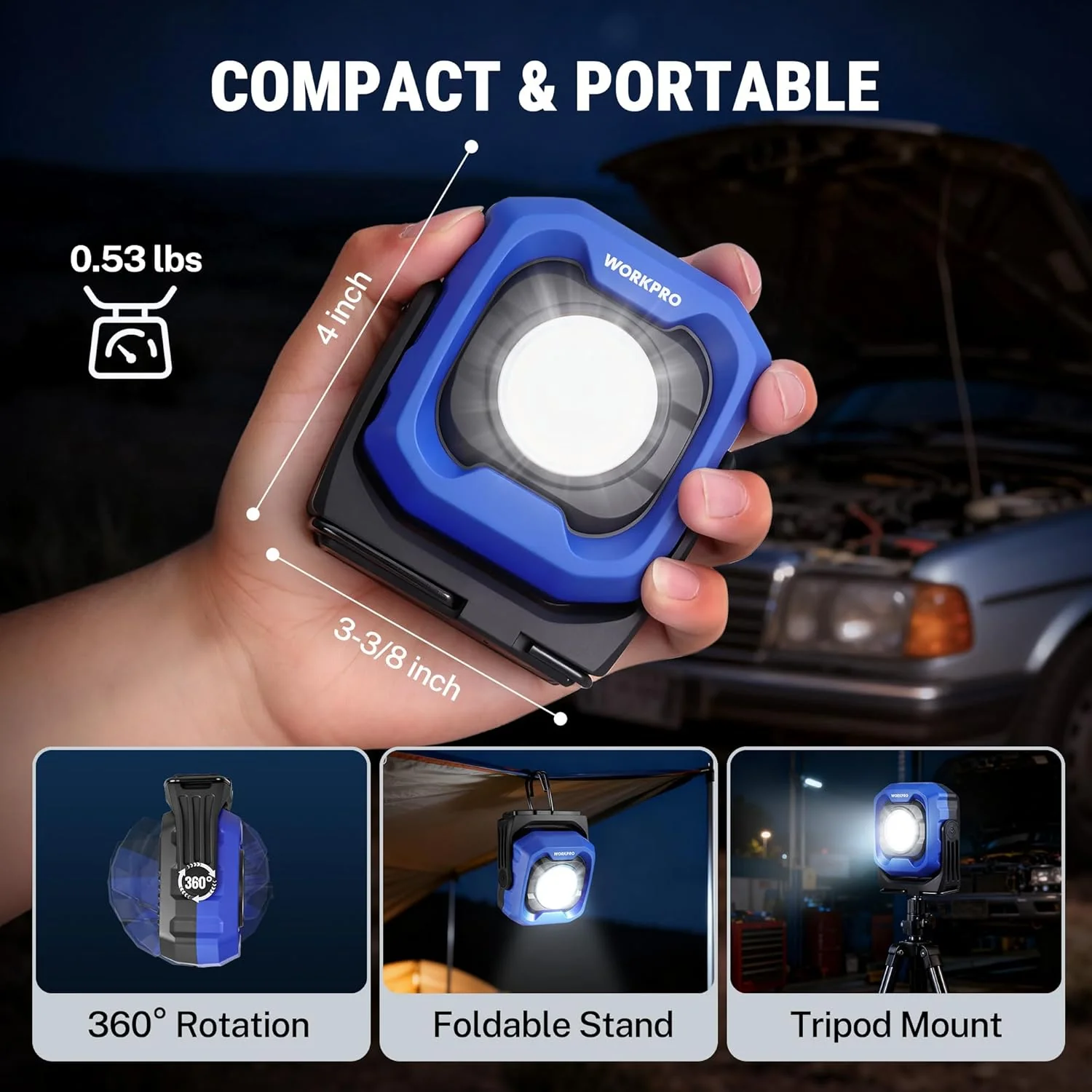 WORKPRO Rechargeable Work Light, 1200LM Magnetic Light with 4000mAh Battery, Portable LED with 4 Modes, IPX4 Water-Resistant, Led Work Light for Car, Camping, Emergency, Christmas Gifts - Image 3