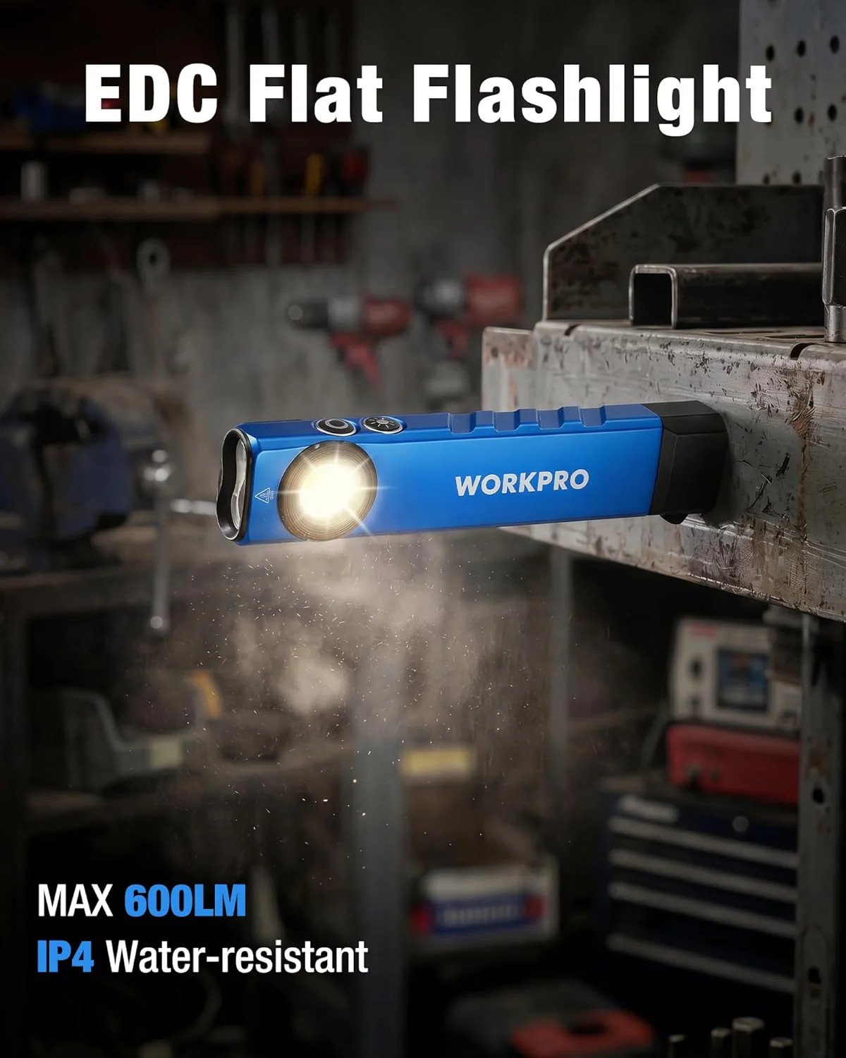 WORKPRO Rechargeable Work Light, 600 Lumens Flat Pocket Flashlight with UV Light, Magnetic Base & Clip, Slim LED EDC Flashlight for Garage, Camping, Home, and Emergencies - Image 2