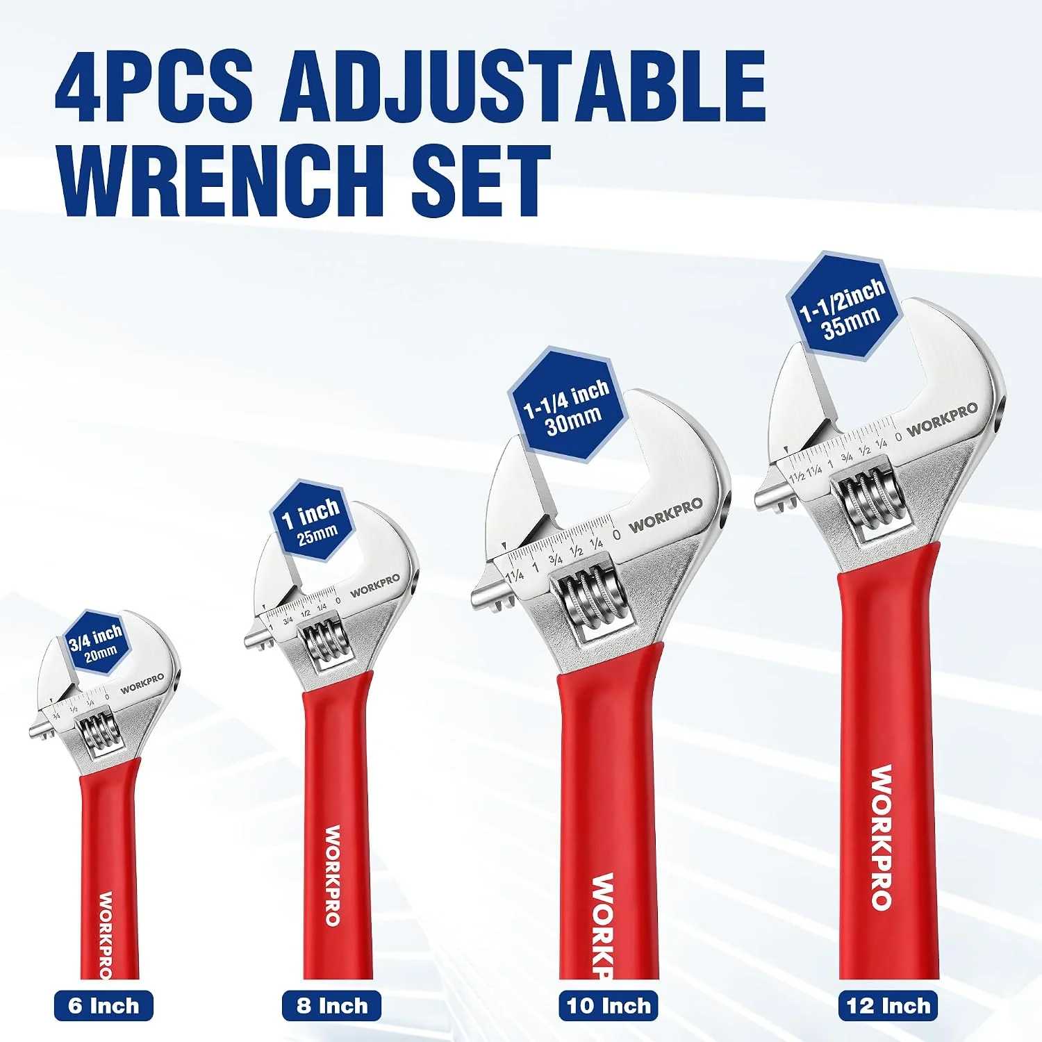 WORKPRO Red Adjustable Wrench Set, 6-inch, 8-inch, 10-inch, 12-inch Wide Jaw Wrenches with Metric and SAE Scales, Rubber Grip, Heat-Treated Steel for Home Repairs, Plumbing, and Garage Work - Image 2