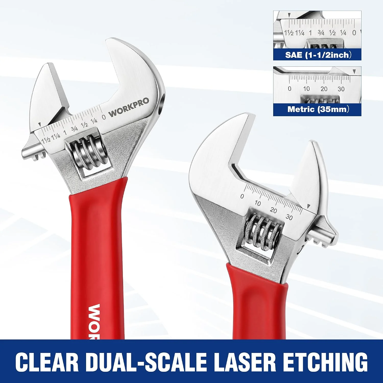 WORKPRO Red Adjustable Wrench Set, 6-inch, 8-inch, 10-inch, 12-inch Wide Jaw Wrenches with Metric and SAE Scales, Rubber Grip, Heat-Treated Steel for Home Repairs, Plumbing, and Garage Work - Image 3