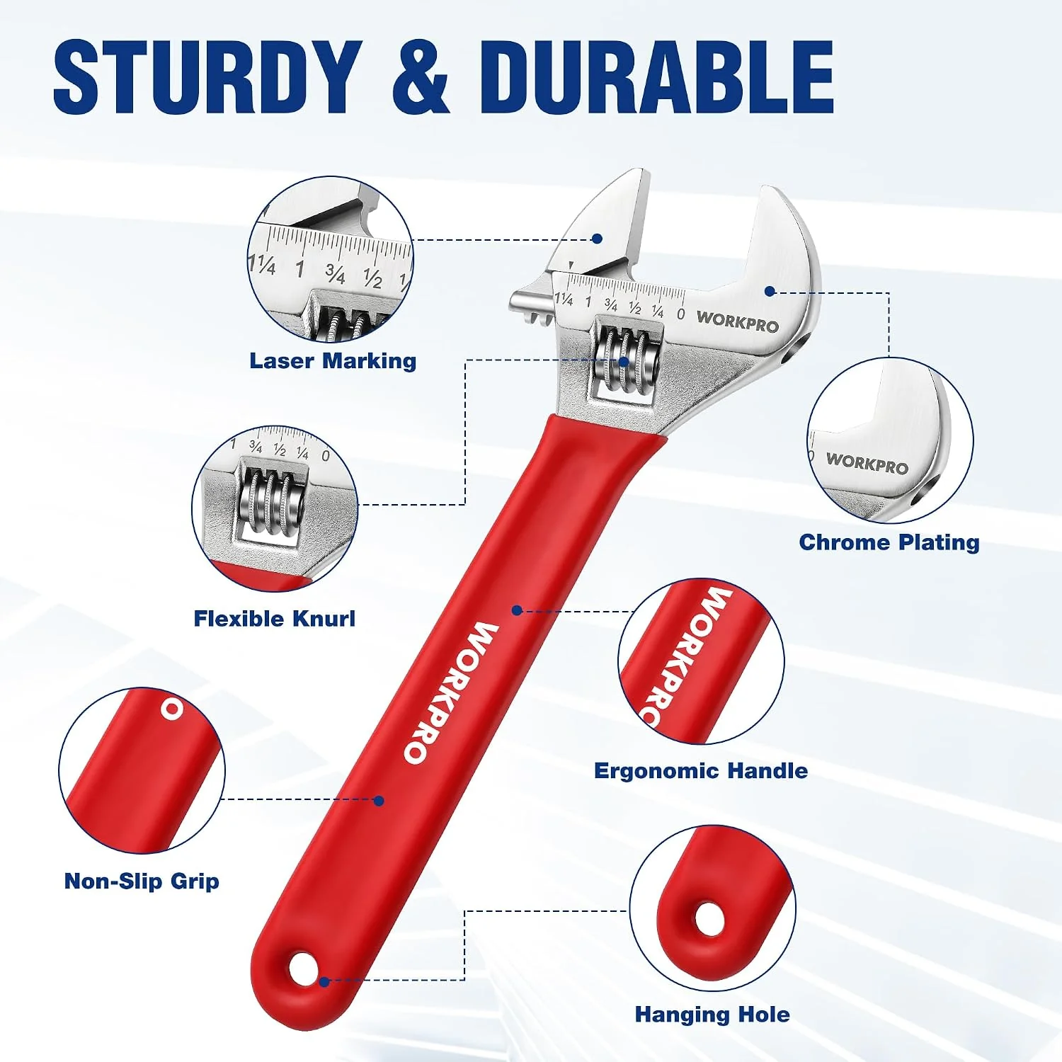 WORKPRO Red Adjustable Wrench Set, 6-inch, 8-inch, 10-inch, 12-inch Wide Jaw Wrenches with Metric and SAE Scales, Rubber Grip, Heat-Treated Steel for Home Repairs, Plumbing, and Garage Work - Image 4