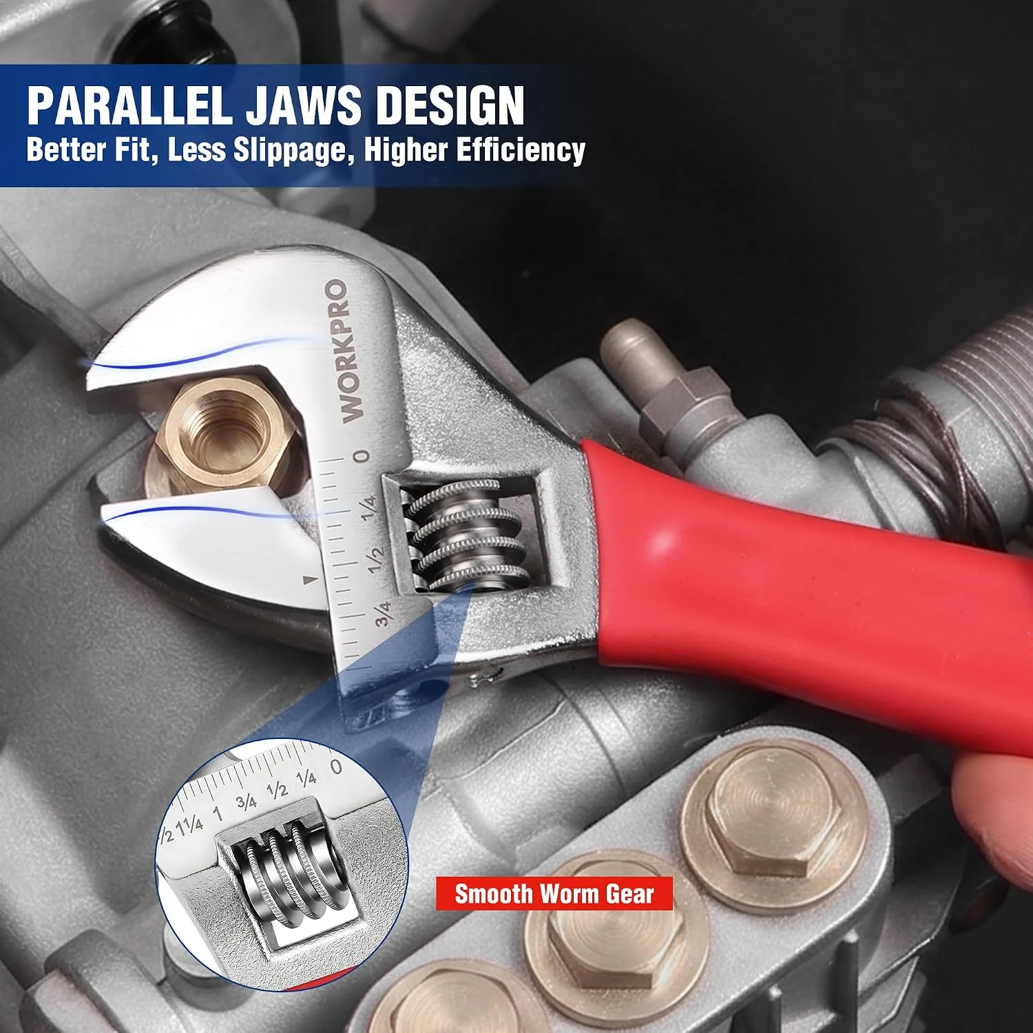 WORKPRO Red Adjustable Wrench Set, 6-inch, 8-inch, 10-inch, 12-inch Wide Jaw Wrenches with Metric and SAE Scales, Rubber Grip, Heat-Treated Steel for Home Repairs, Plumbing, and Garage Work - Image 6