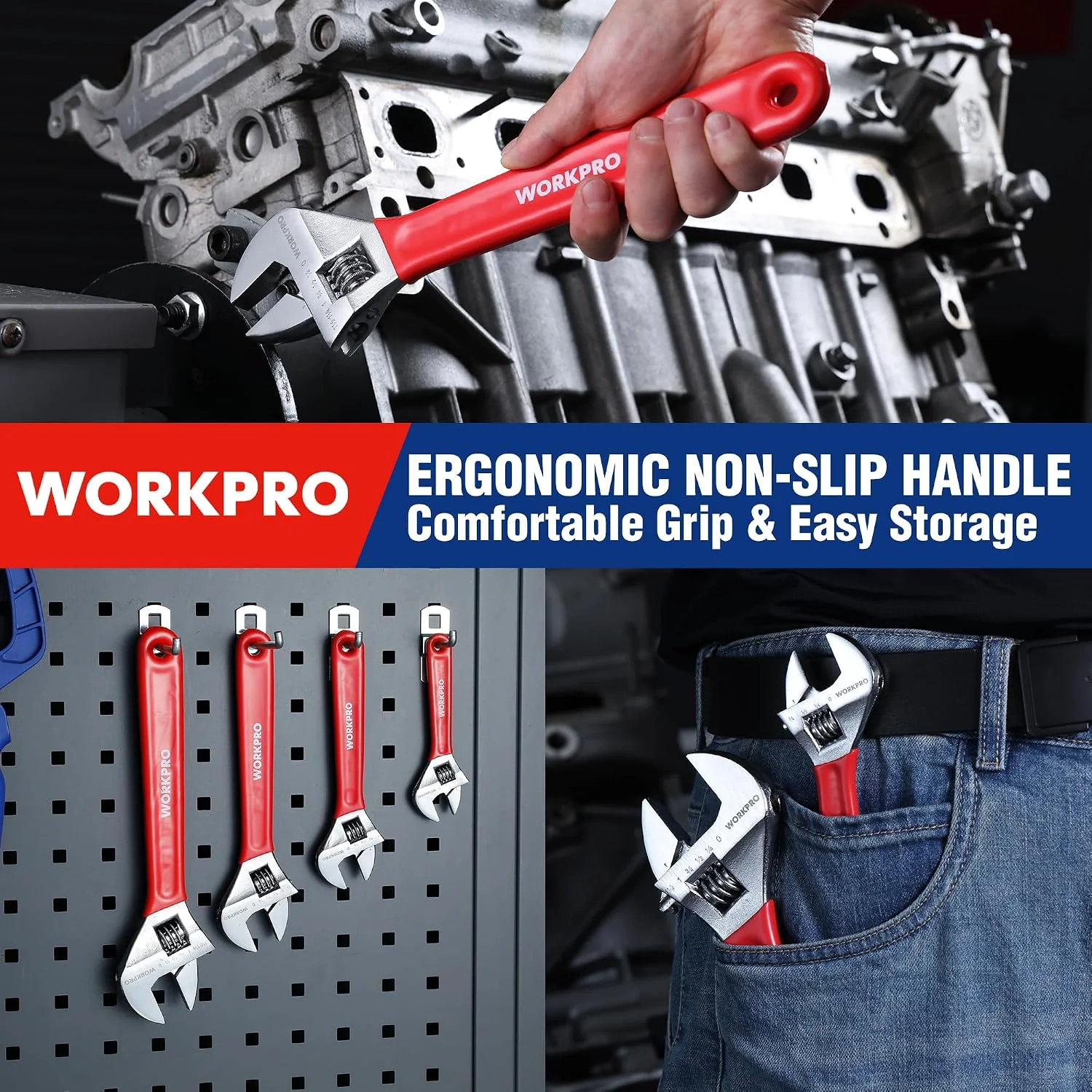 WORKPRO Red Adjustable Wrench Set, 6-inch, 8-inch, 10-inch, 12-inch Wide Jaw Wrenches with Metric and SAE Scales, Rubber Grip, Heat-Treated Steel for Home Repairs, Plumbing, and Garage Work - Image 7
