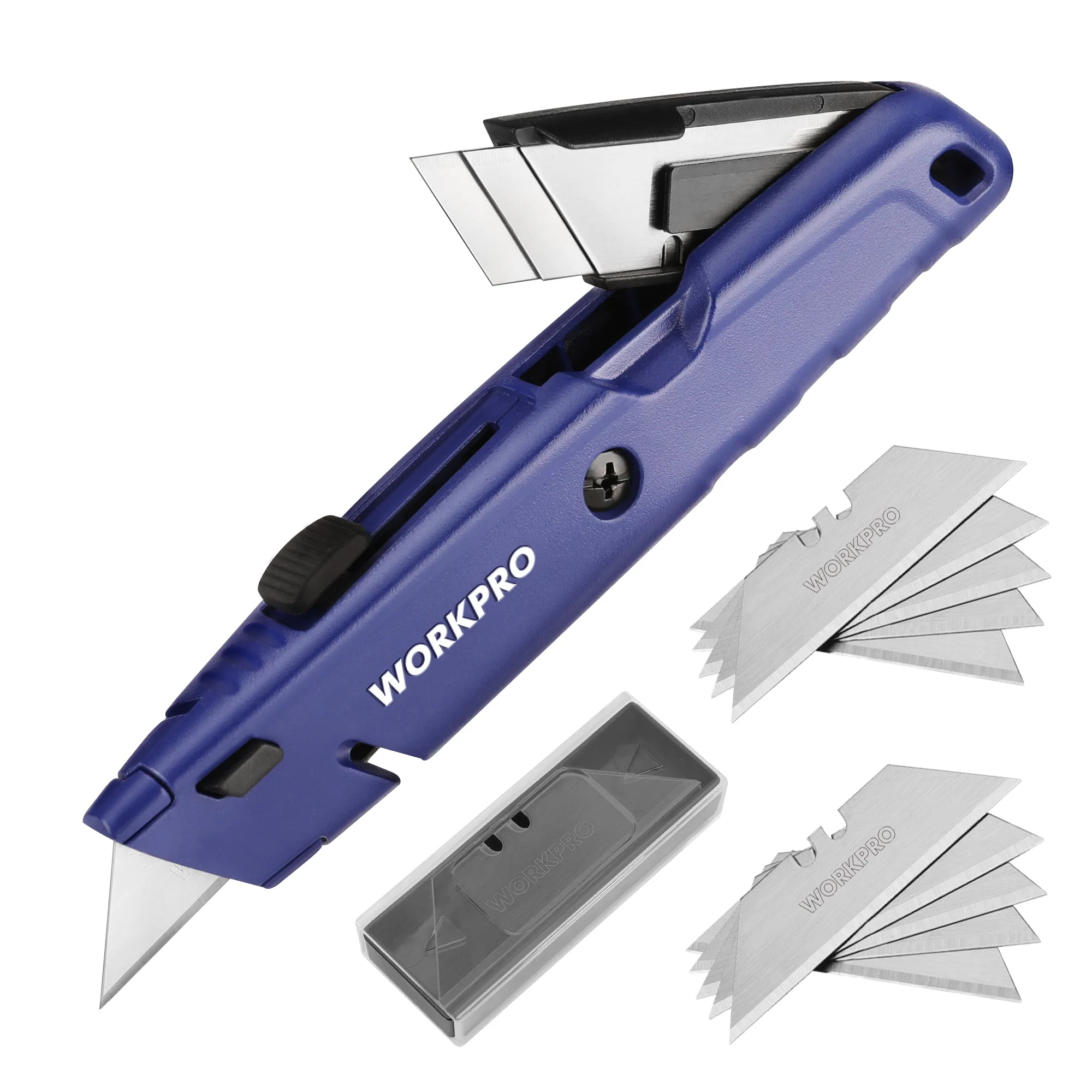 WORKPRO Retractable Box Cutter, Quick Change Utility Knife with Extra Blade Storage - Heavy Duty Aluminum Razor Knife, Twine Cutter, Bonus SK5 Blades Included, Blue - Image 2