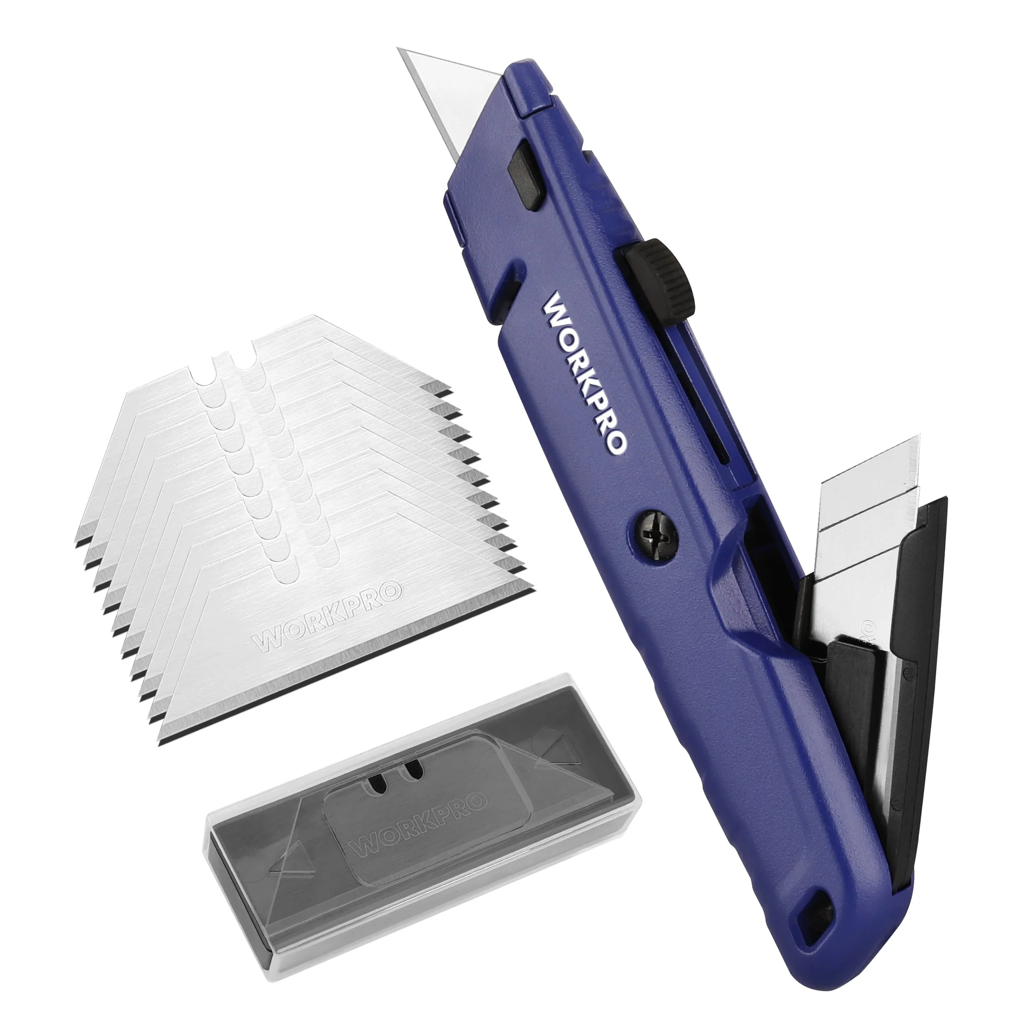 WORKPRO Retractable Box Cutter, Quick Change Utility Knife with Extra Blade Storage - Heavy Duty Aluminum Razor Knife, Twine Cutter, Bonus SK5 Blades Included, Blue - Image 3