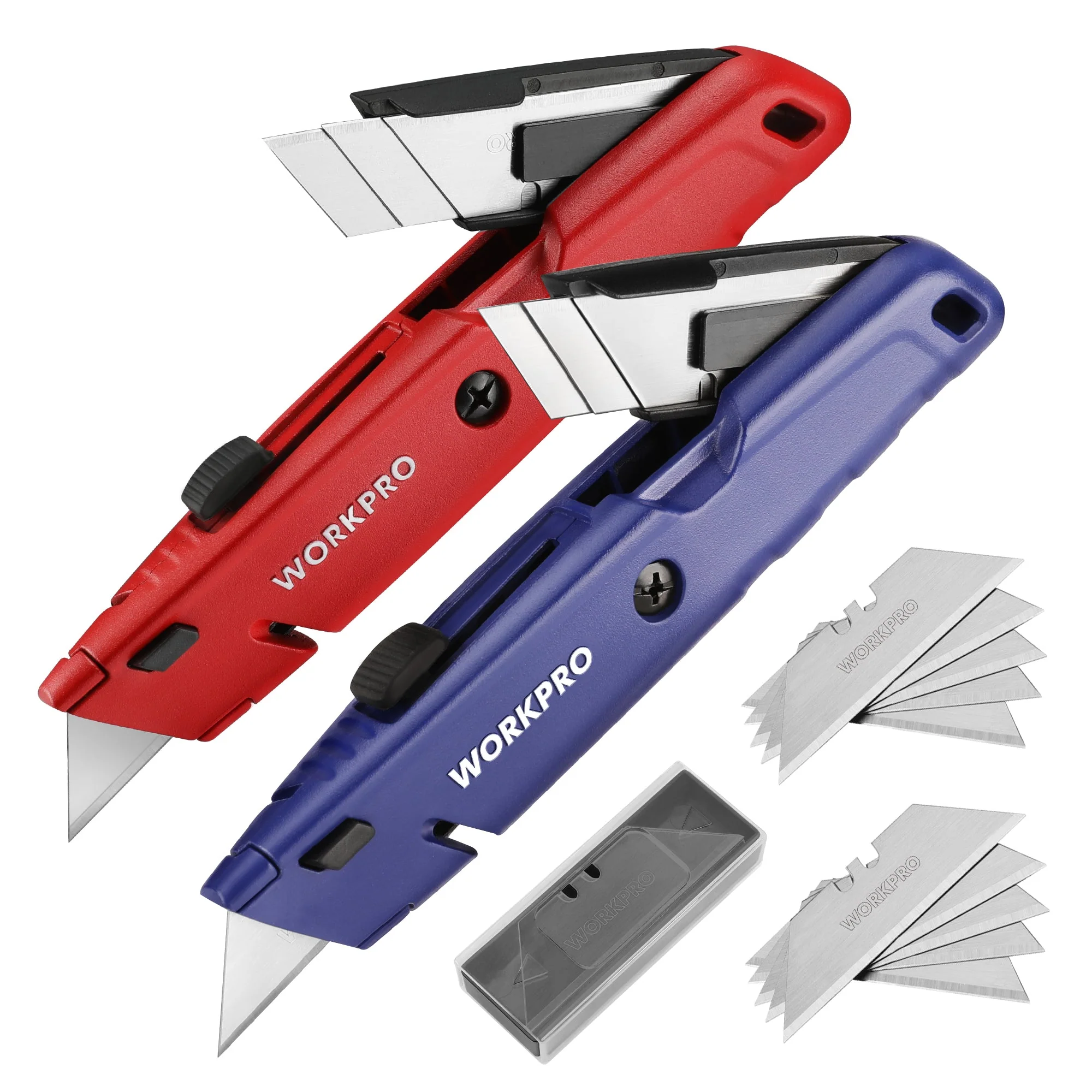 WORKPRO Retractable Box Cutter, Quick Change Utility Knife with Extra Blade Storage - Heavy Duty Aluminum Razor Knife, Twine Cutter, Bonus SK5 Blades Included, Blue - Image 4
