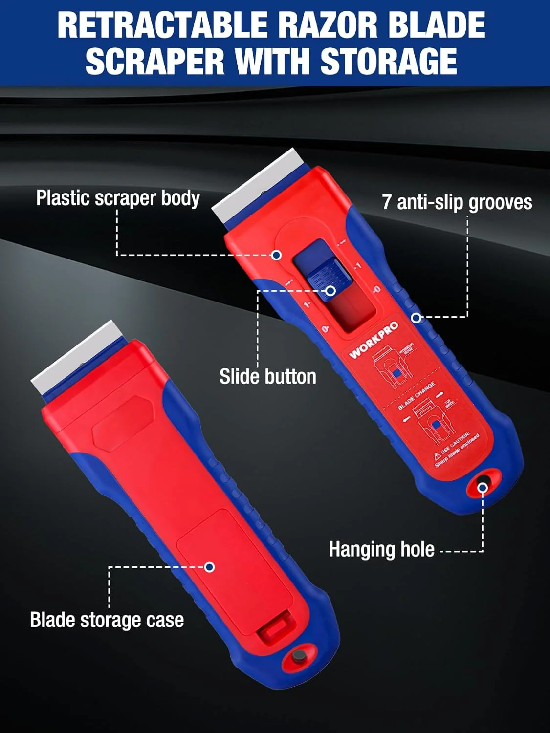 WORKPRO Retractable Razor Blade Scraper with 56 Blades, Built-in Storage Cleaning Scraper Tool for Paint Stickers Adhesive Glass Ceramic Wood - Image 2