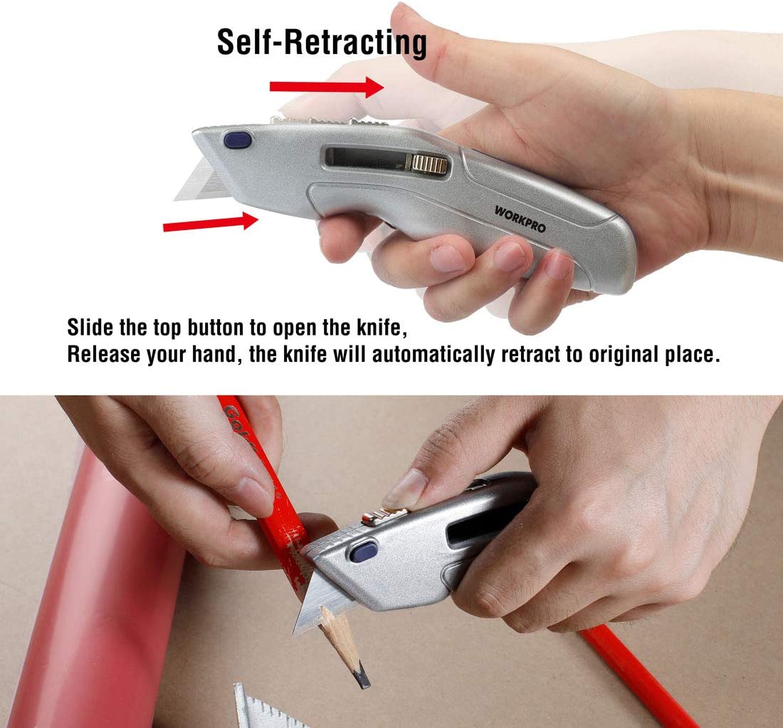 WORKPRO Retractable Utility Knife and Self-retracting Safety Box with 2 Extra Blades Included - Image 5
