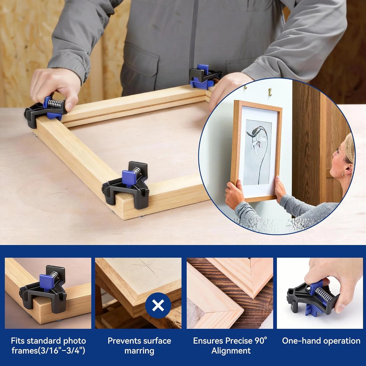 WORKPRO Right Angle Corner Clamps for Woodworking, Set of 4 Adjustable Spring-Loaded One-Handed Clamps, Carpentry Tools for Framing, Cabinets, and Projects - Image 3