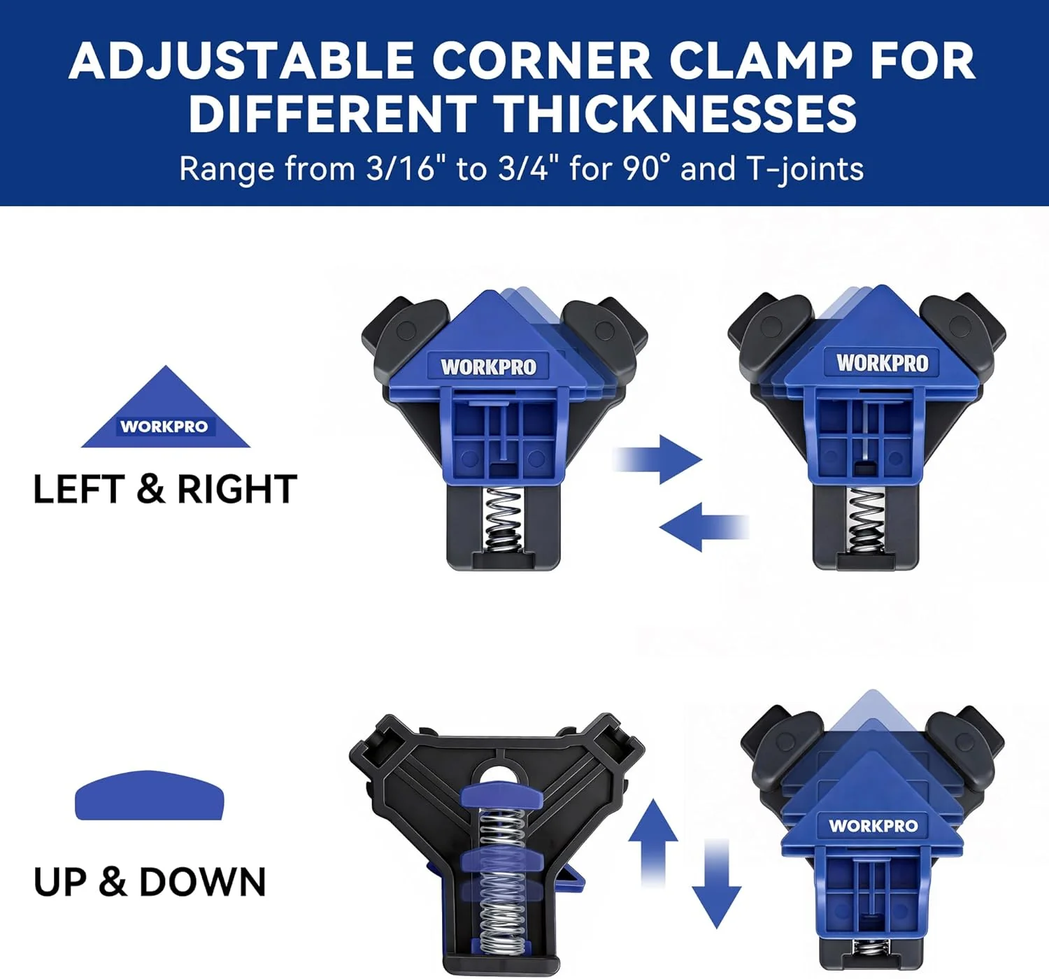 WORKPRO Right Angle Corner Clamps for Woodworking, Set of 4 Adjustable Spring-Loaded One-Handed Clamps, Carpentry Tools for Framing, Cabinets, and Projects - Image 4
