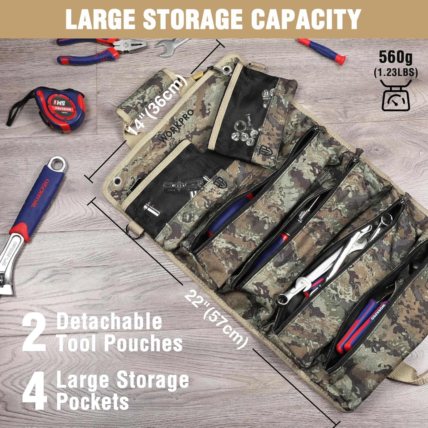 WORKPRO Roll Tool Bag with Detachable Pouches, Heavy Duty Organizer - 6 Pockets, for Mechanics, Electricians, Plumbers & Carpenters - Camo - Image 3