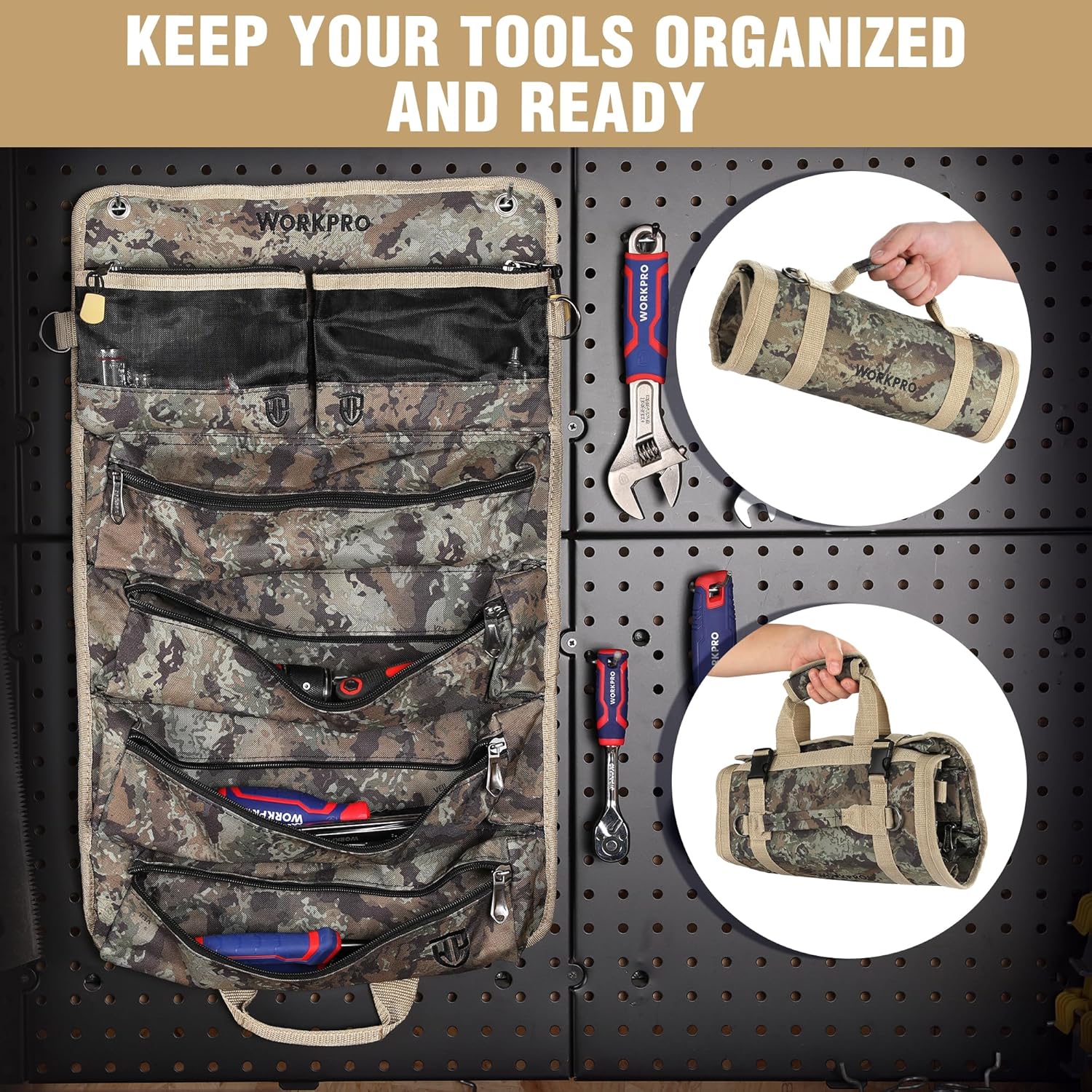 WORKPRO Roll Tool Bag with Detachable Pouches, Heavy Duty Organizer - 6 Pockets, for Mechanics, Electricians, Plumbers & Carpenters - Camo - Image 4
