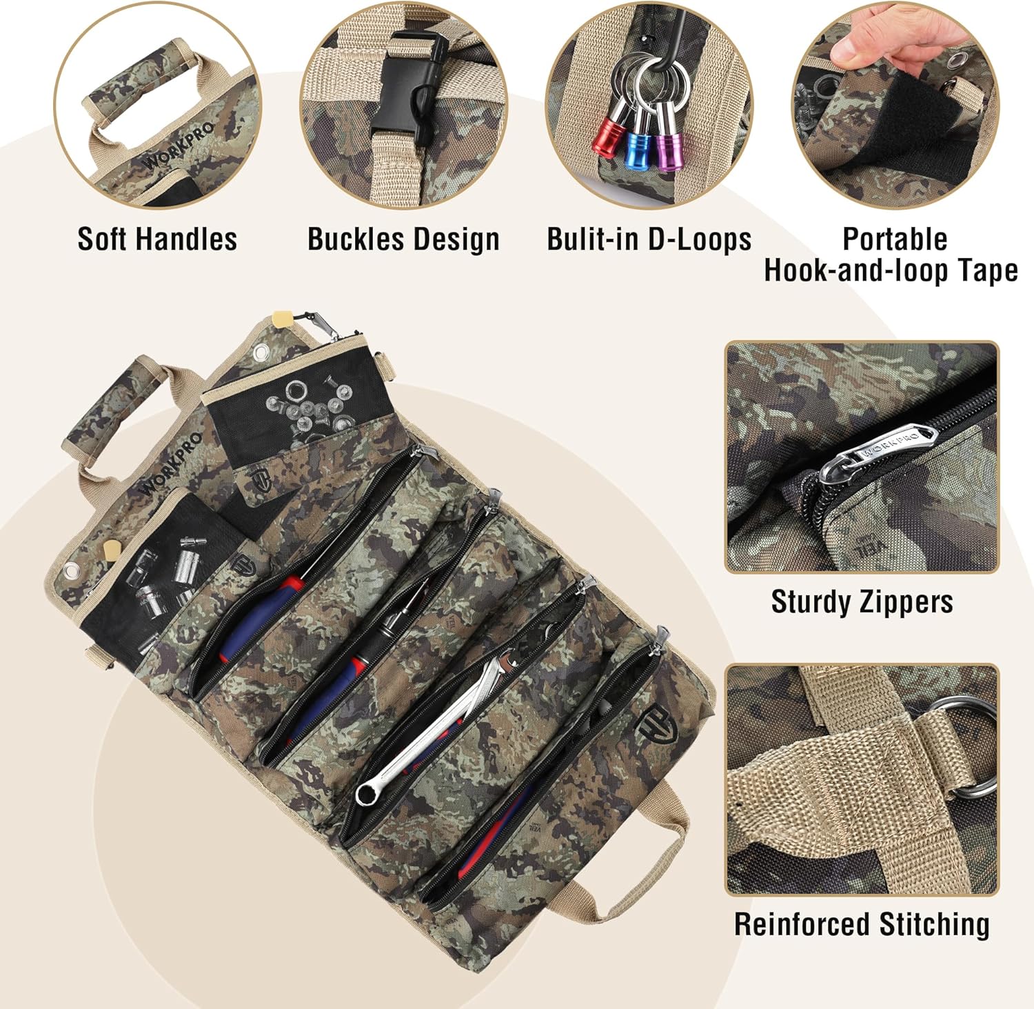 WORKPRO Roll Tool Bag with Detachable Pouches, Heavy Duty Organizer - 6 Pockets, for Mechanics, Electricians, Plumbers & Carpenters - Camo - Image 6