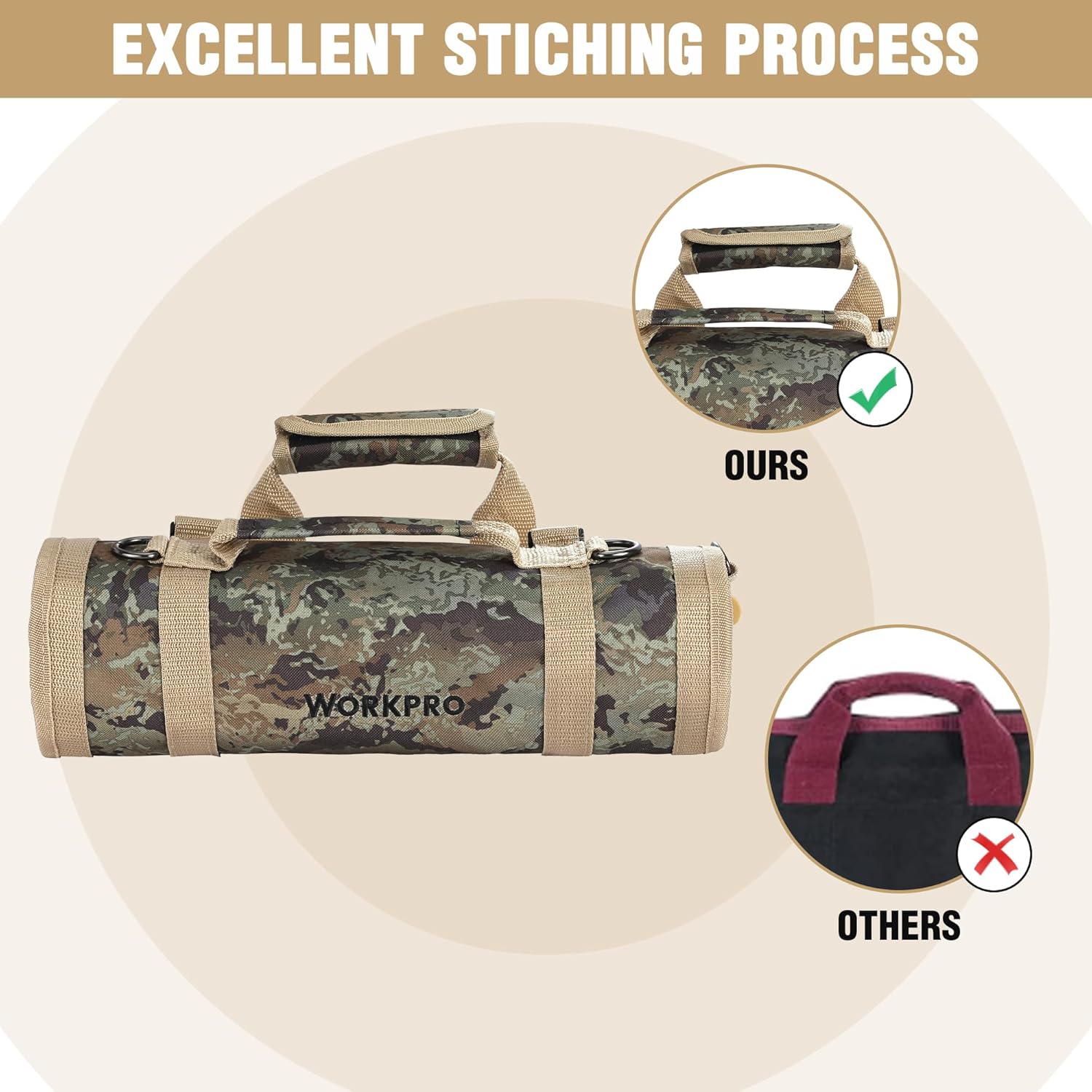 WORKPRO Roll Tool Bag with Detachable Pouches, Heavy Duty Organizer - 6 Pockets, for Mechanics, Electricians, Plumbers & Carpenters - Camo - Image 7