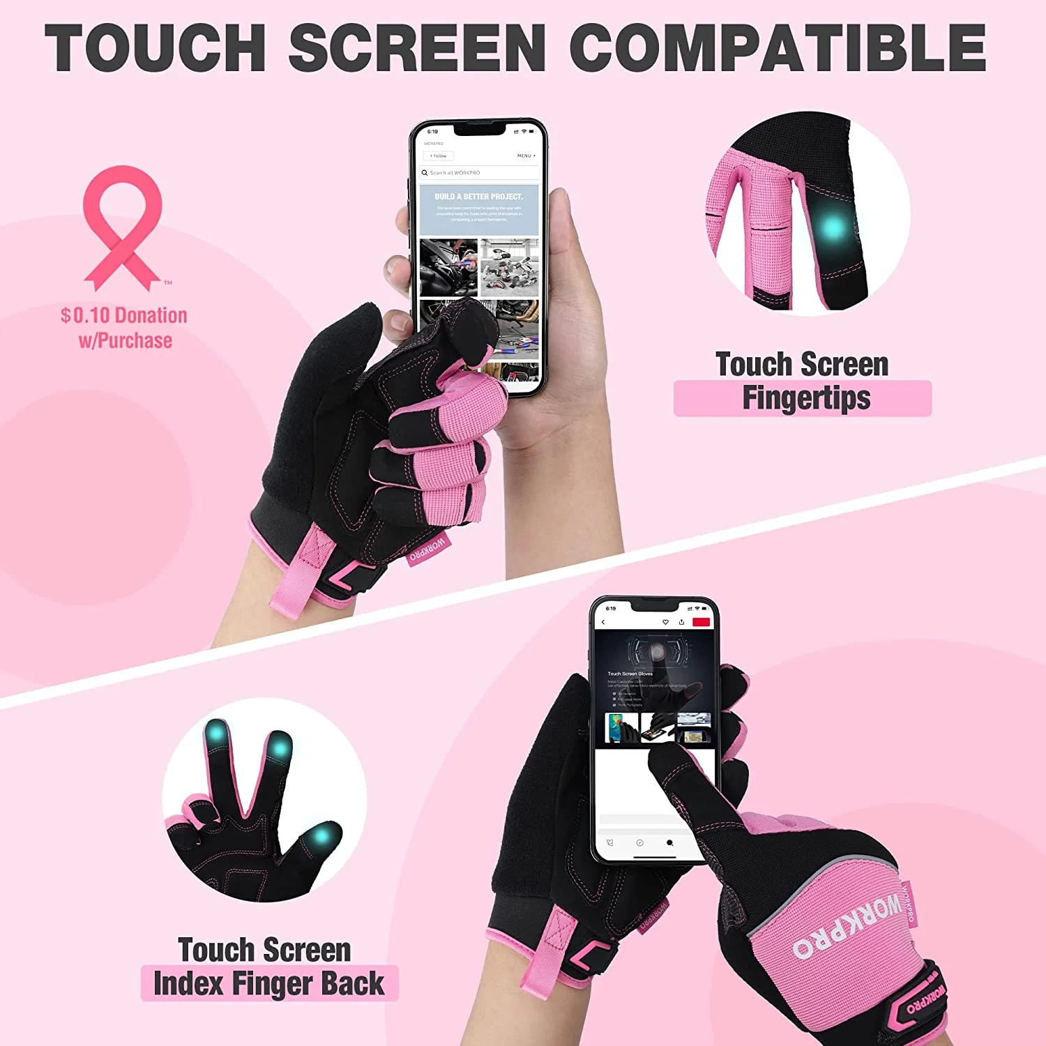 WORKPRO Safety Work Gloves, Touch Screen, Terry Fabric, Non-Slip Pink Working Gloves- M/L - Pink Ribbon - Image 3