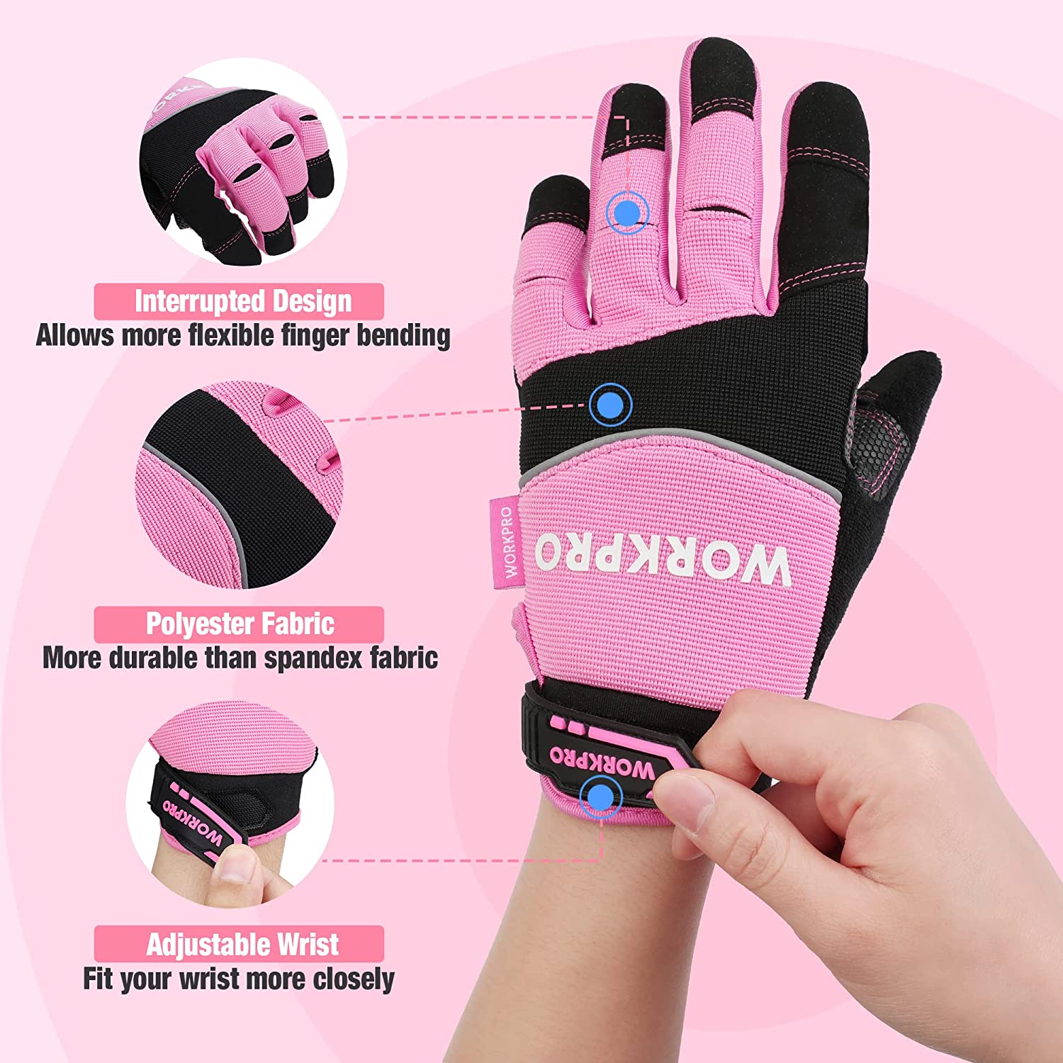 WORKPRO Safety Work Gloves, Touch Screen, Terry Fabric, Non-Slip Pink Working Gloves- M/L - Pink Ribbon - Image 4