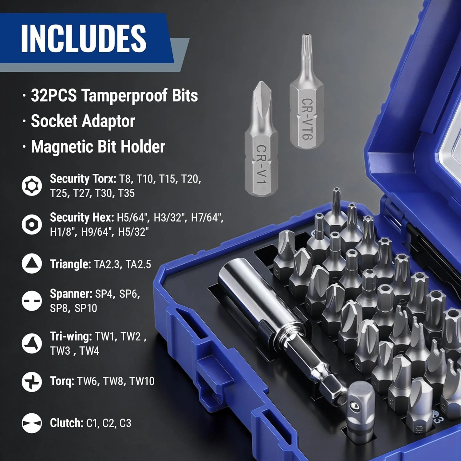 WORKPRO Security Bit Set, 32PCS Tamper Proof Screwdriver Set with Magnetic Holder, 1/4" Adapter,Torx Hex Tri-Wing Spanner Bits, Stackable Repair Tool Kit for Electronics, Automotive & Appliance Repair - Image 2