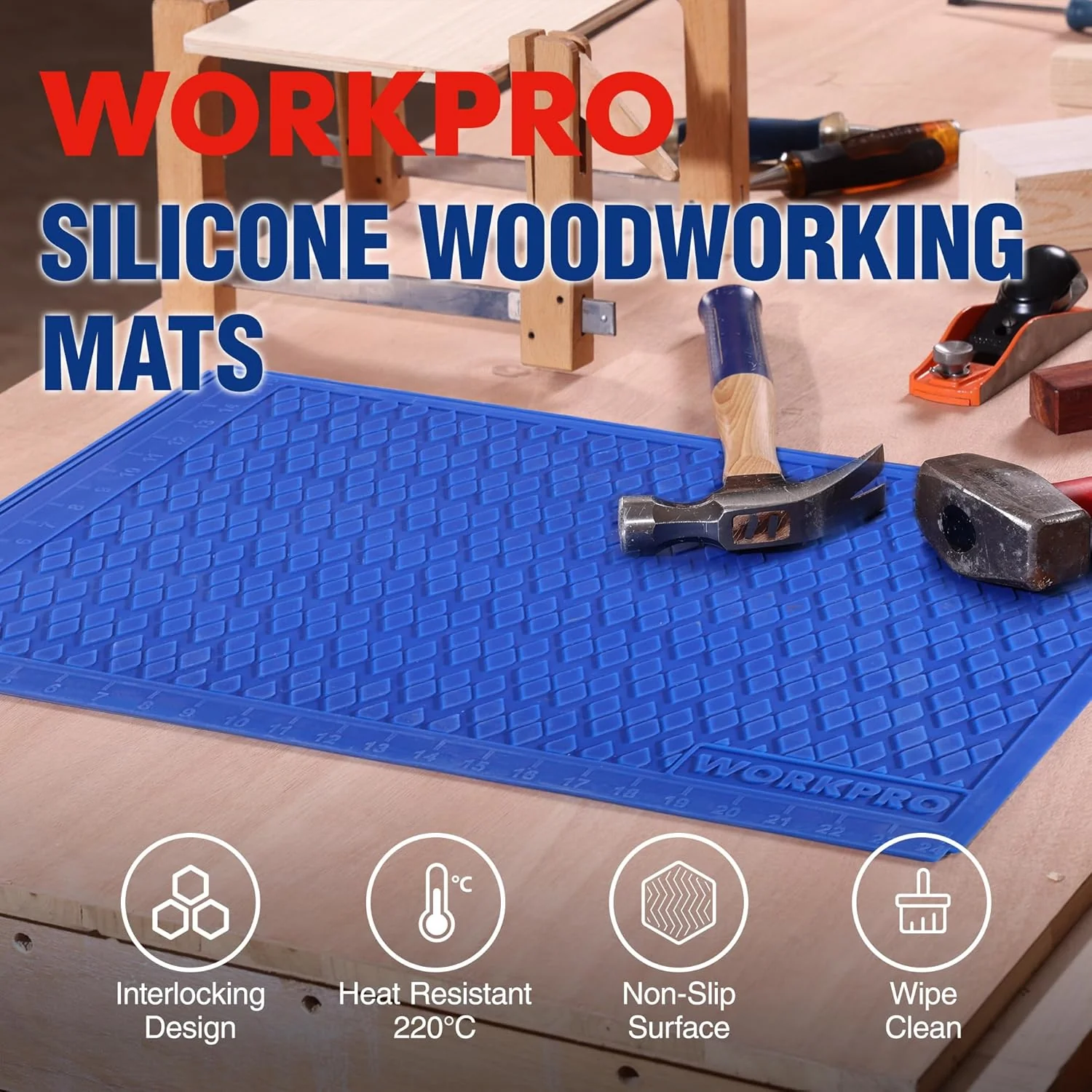 WORKPRO Silicone Glue Mat 2-Pack, Non-Stick Heat Resistant Silicone Pad | Built-in Measurement Grid & Anti-Slip Surface for Resin, Epoxy, Crafts, Woodworking, Garage and DIY Projects - Image 2