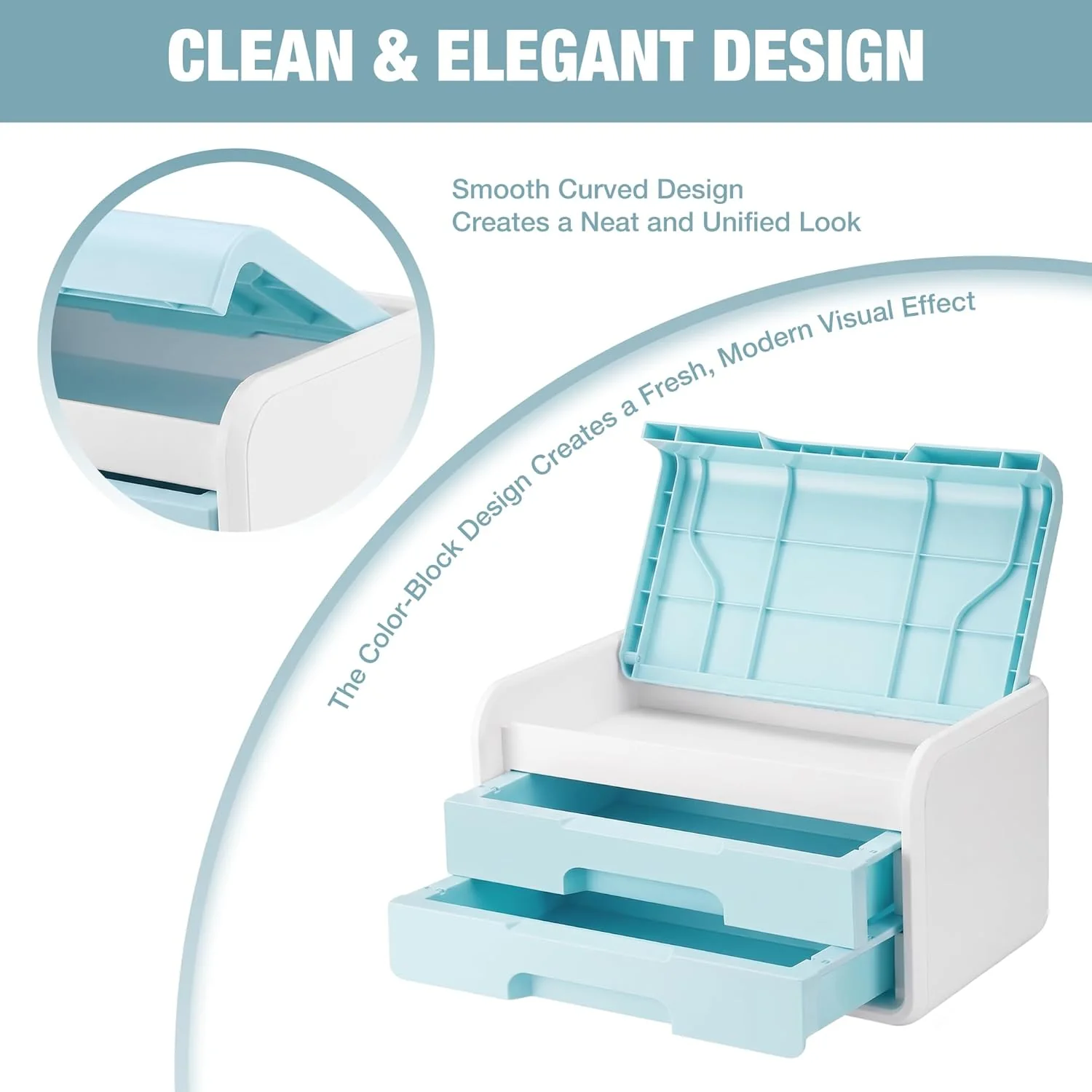 WORKPRO Small Desktop Drawer Organizer with 2 Drawers, Flip-Top Lid, Durable ABS Storage Box with PP Feet Pads, Lightweight Storage Case for Office Supplies, Desk Accessories and Crafts - Blue and White - Image 3
