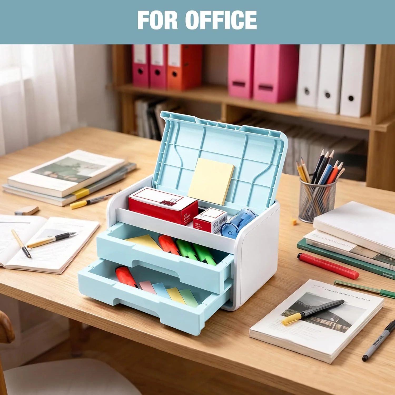 WORKPRO Small Desktop Drawer Organizer with 2 Drawers, Flip-Top Lid, Durable ABS Storage Box with PP Feet Pads, Lightweight Storage Case for Office Supplies, Desk Accessories and Crafts - Blue and White - Image 4