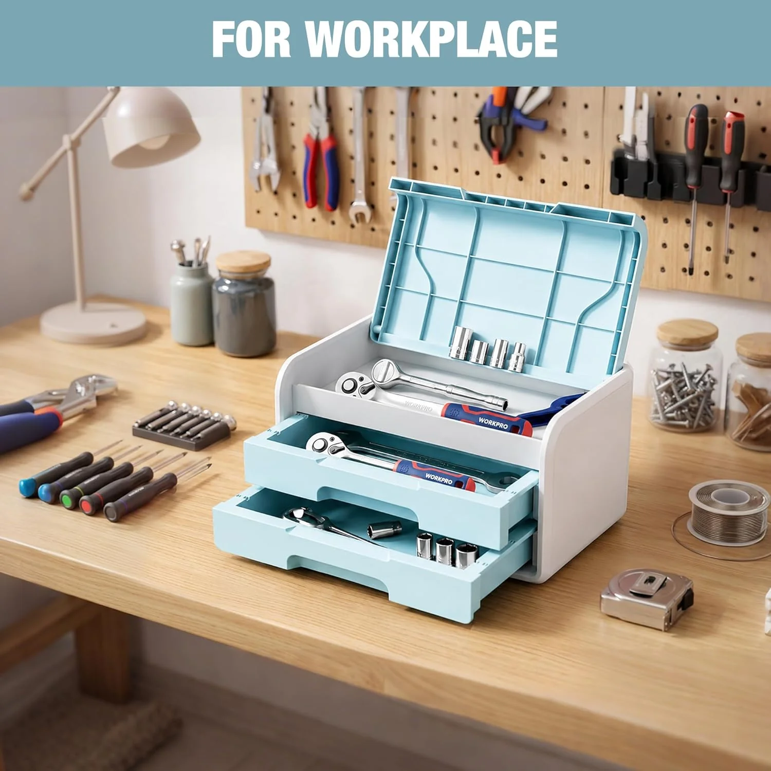 WORKPRO Small Desktop Drawer Organizer with 2 Drawers, Flip-Top Lid, Durable ABS Storage Box with PP Feet Pads, Lightweight Storage Case for Office Supplies, Desk Accessories and Crafts - Blue and White - Image 5