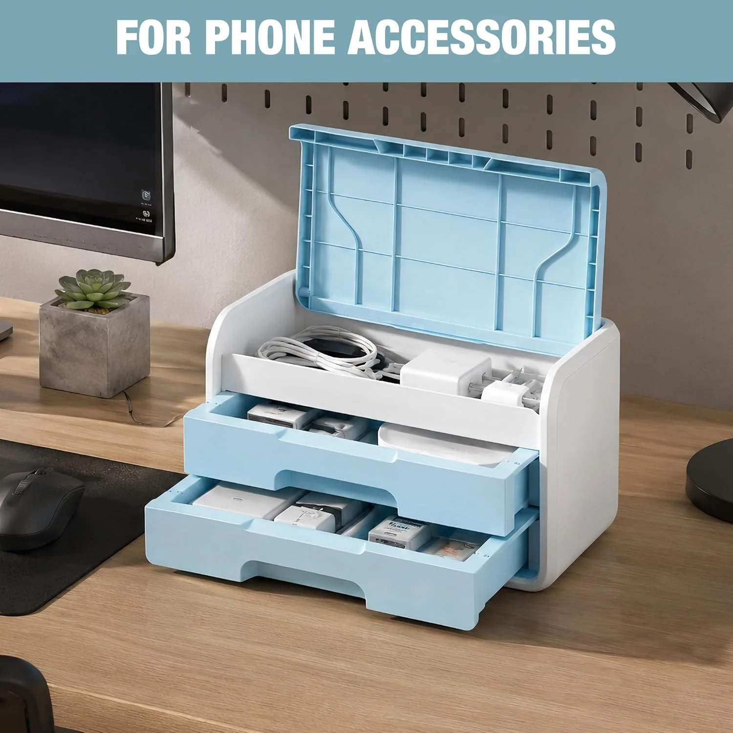 WORKPRO Small Desktop Drawer Organizer with 2 Drawers, Flip-Top Lid, Durable ABS Storage Box with PP Feet Pads, Lightweight Storage Case for Office Supplies, Desk Accessories and Crafts - Blue and White - Image 8