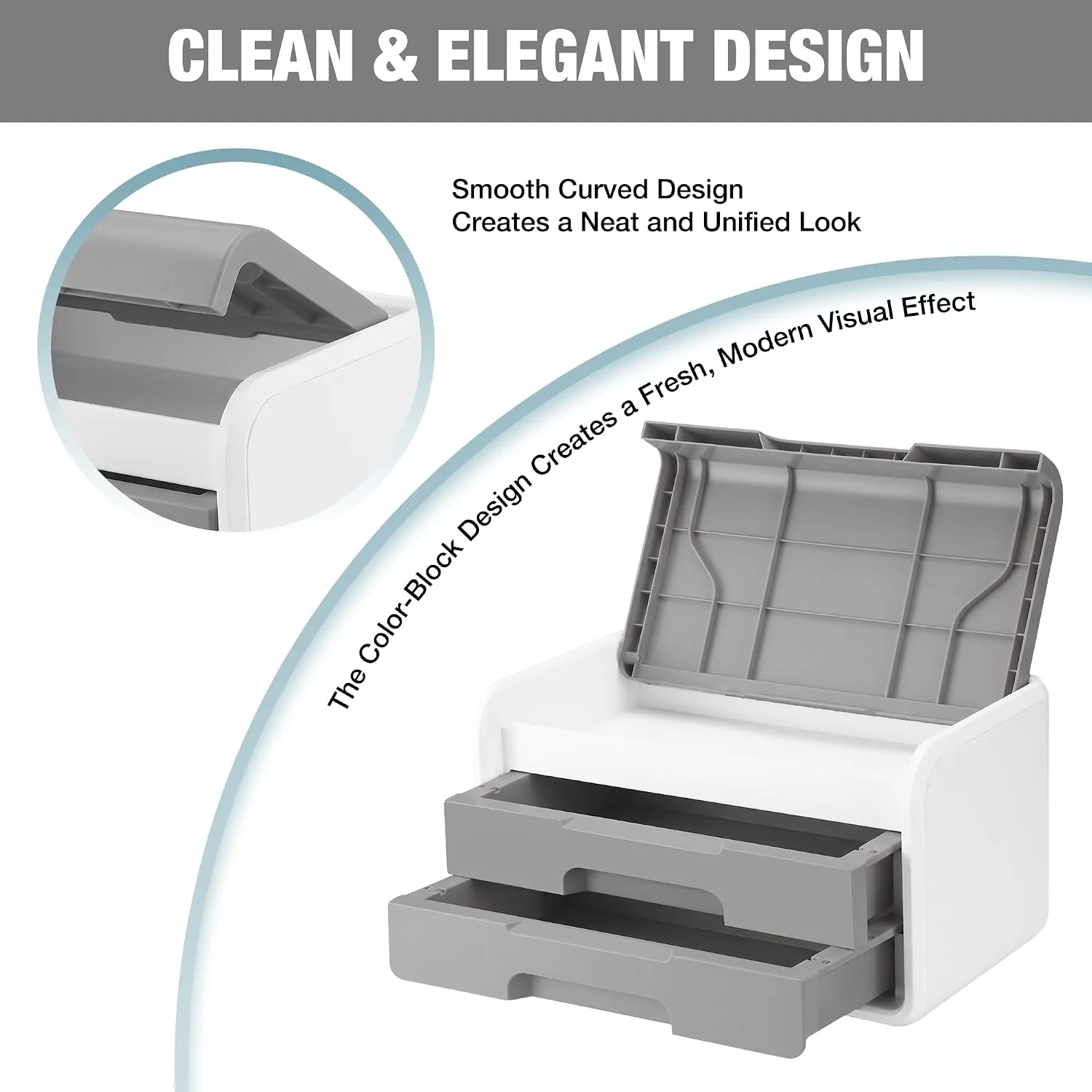 WORKPRO Small Desktop Drawer Organizer With 2 Drawers, Flip-Top Lid, Durable ABS Storage Box With PP Feet Pads, Lightweight Storage Case For Office Supplies, Desk Accessories and Crafts - Grey and White - Image 3