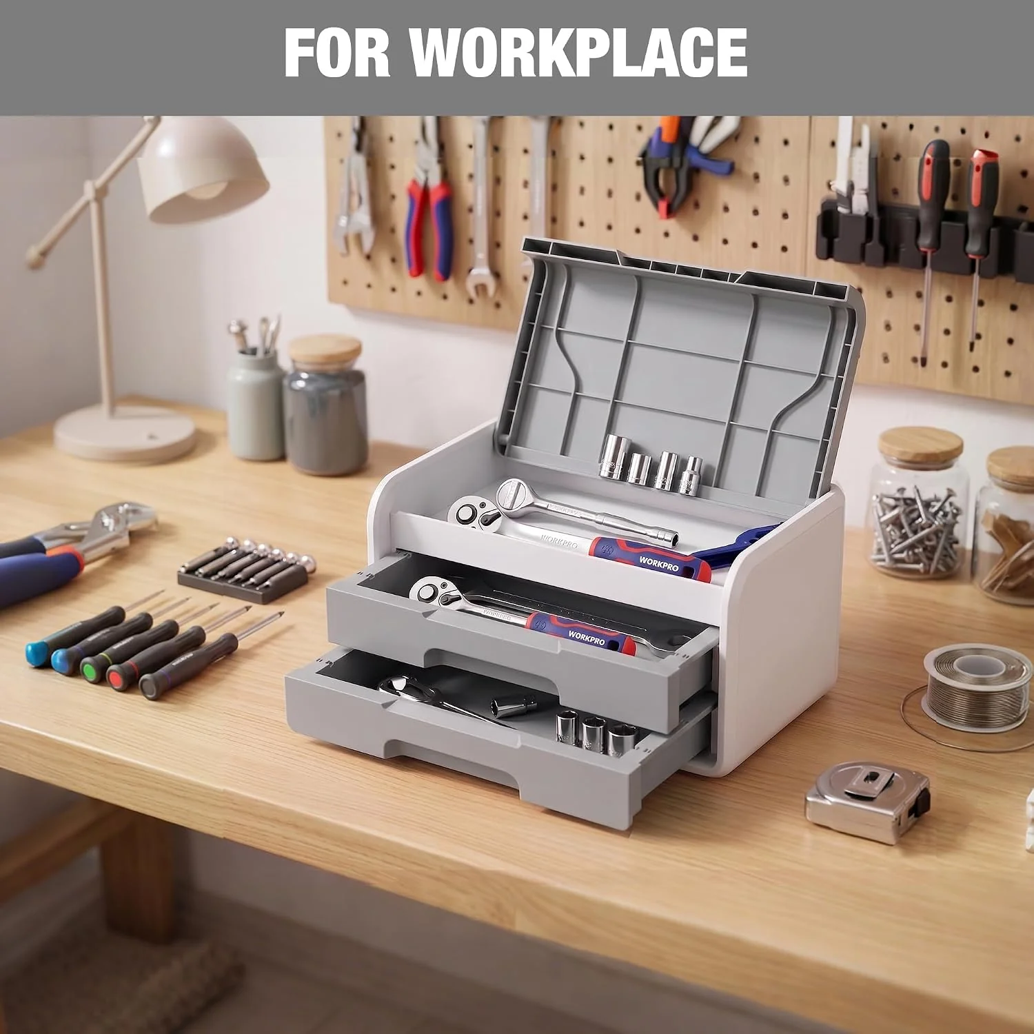 WORKPRO Small Desktop Drawer Organizer With 2 Drawers, Flip-Top Lid, Durable ABS Storage Box With PP Feet Pads, Lightweight Storage Case For Office Supplies, Desk Accessories and Crafts - Grey and White - Image 5