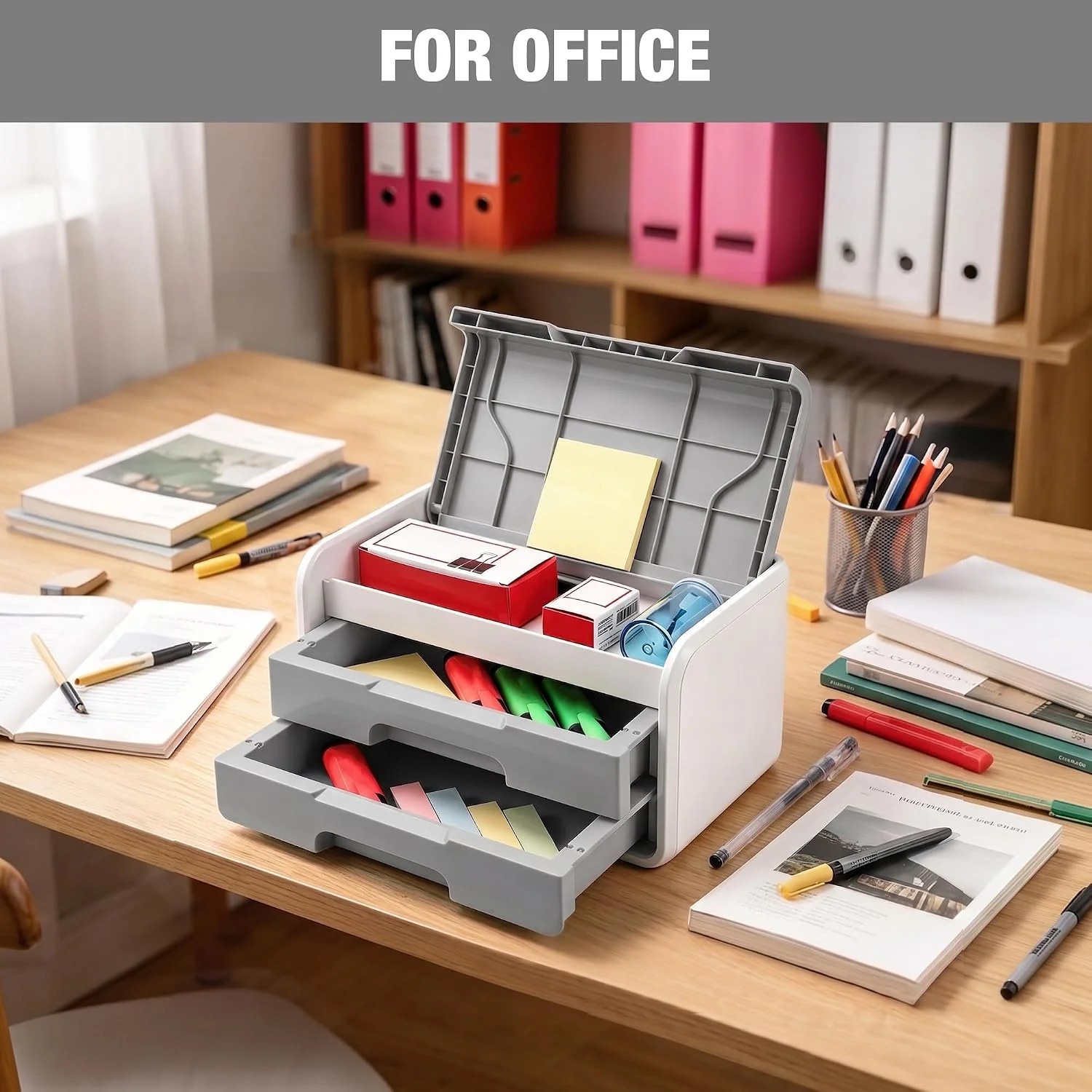 WORKPRO Small Desktop Drawer Organizer With 2 Drawers, Flip-Top Lid, Durable ABS Storage Box With PP Feet Pads, Lightweight Storage Case For Office Supplies, Desk Accessories and Crafts - Grey and White - Image 6