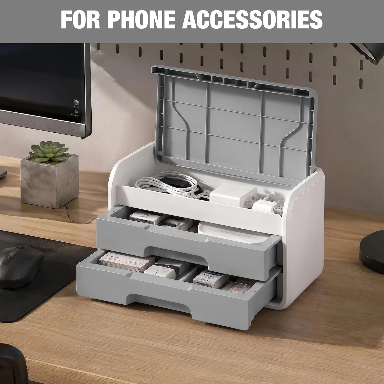 WORKPRO Small Desktop Drawer Organizer With 2 Drawers, Flip-Top Lid, Durable ABS Storage Box With PP Feet Pads, Lightweight Storage Case For Office Supplies, Desk Accessories and Crafts - Grey and White - Image 7