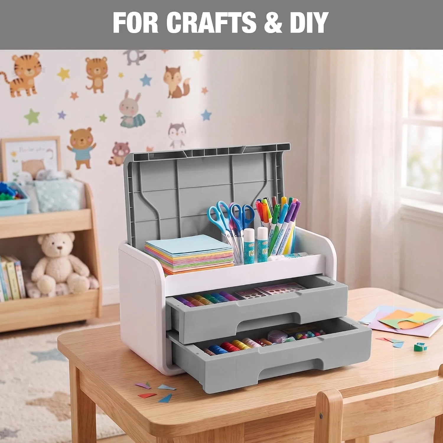 WORKPRO Small Desktop Drawer Organizer With 2 Drawers, Flip-Top Lid, Durable ABS Storage Box With PP Feet Pads, Lightweight Storage Case For Office Supplies, Desk Accessories and Crafts - Grey and White - Image 8