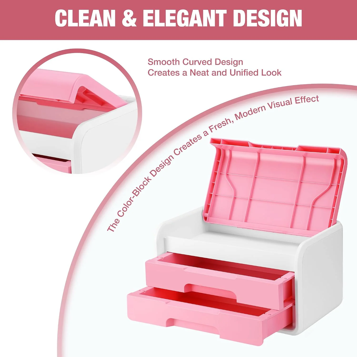 WORKPRO Small Desktop Drawer Organizer With 2 Drawers, Flip-Top Lid, Durable ABS Storage Box With PP Feet Pads, Lightweight Storage Case For Office Supplies, Desk Accessories and Crafts - Pink and White - Image 3