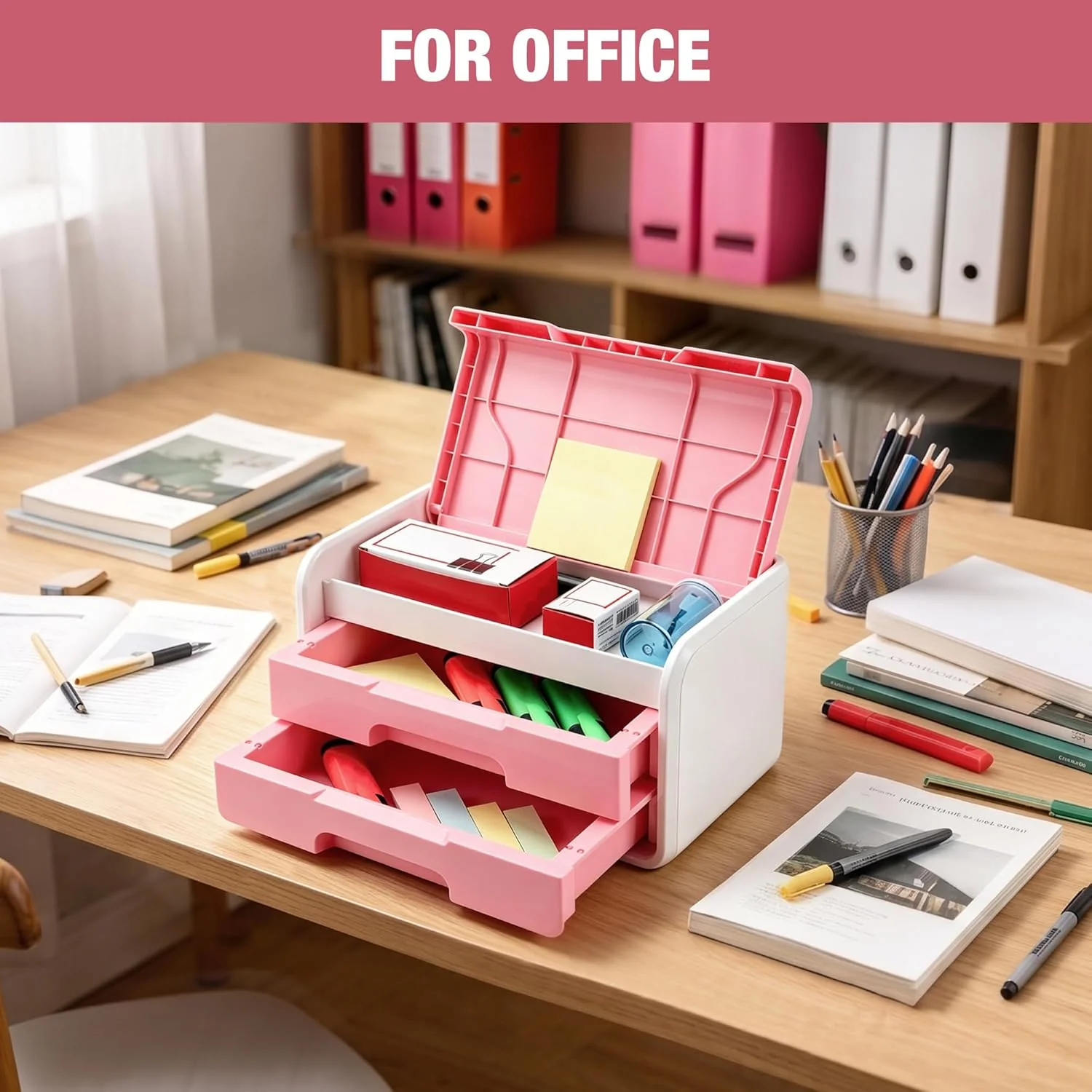 WORKPRO Small Desktop Drawer Organizer With 2 Drawers, Flip-Top Lid, Durable ABS Storage Box With PP Feet Pads, Lightweight Storage Case For Office Supplies, Desk Accessories and Crafts - Pink and White - Image 4