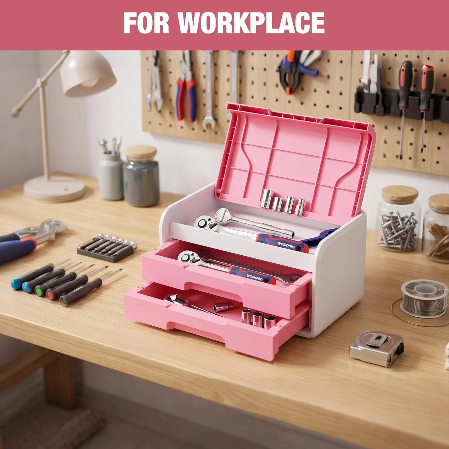 WORKPRO Small Desktop Drawer Organizer With 2 Drawers, Flip-Top Lid, Durable ABS Storage Box With PP Feet Pads, Lightweight Storage Case For Office Supplies, Desk Accessories and Crafts - Pink and White - Image 5