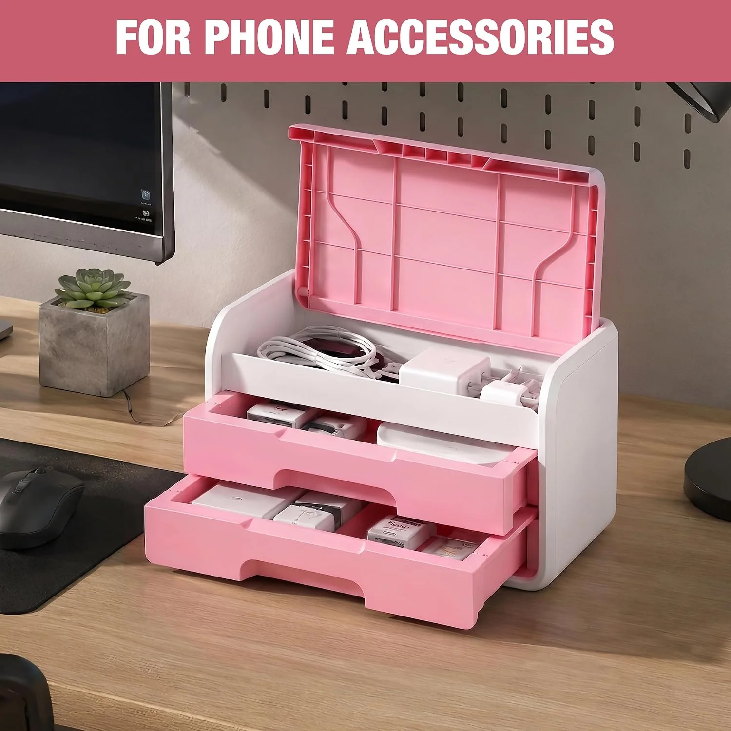 WORKPRO Small Desktop Drawer Organizer With 2 Drawers, Flip-Top Lid, Durable ABS Storage Box With PP Feet Pads, Lightweight Storage Case For Office Supplies, Desk Accessories and Crafts - Pink and White - Image 6