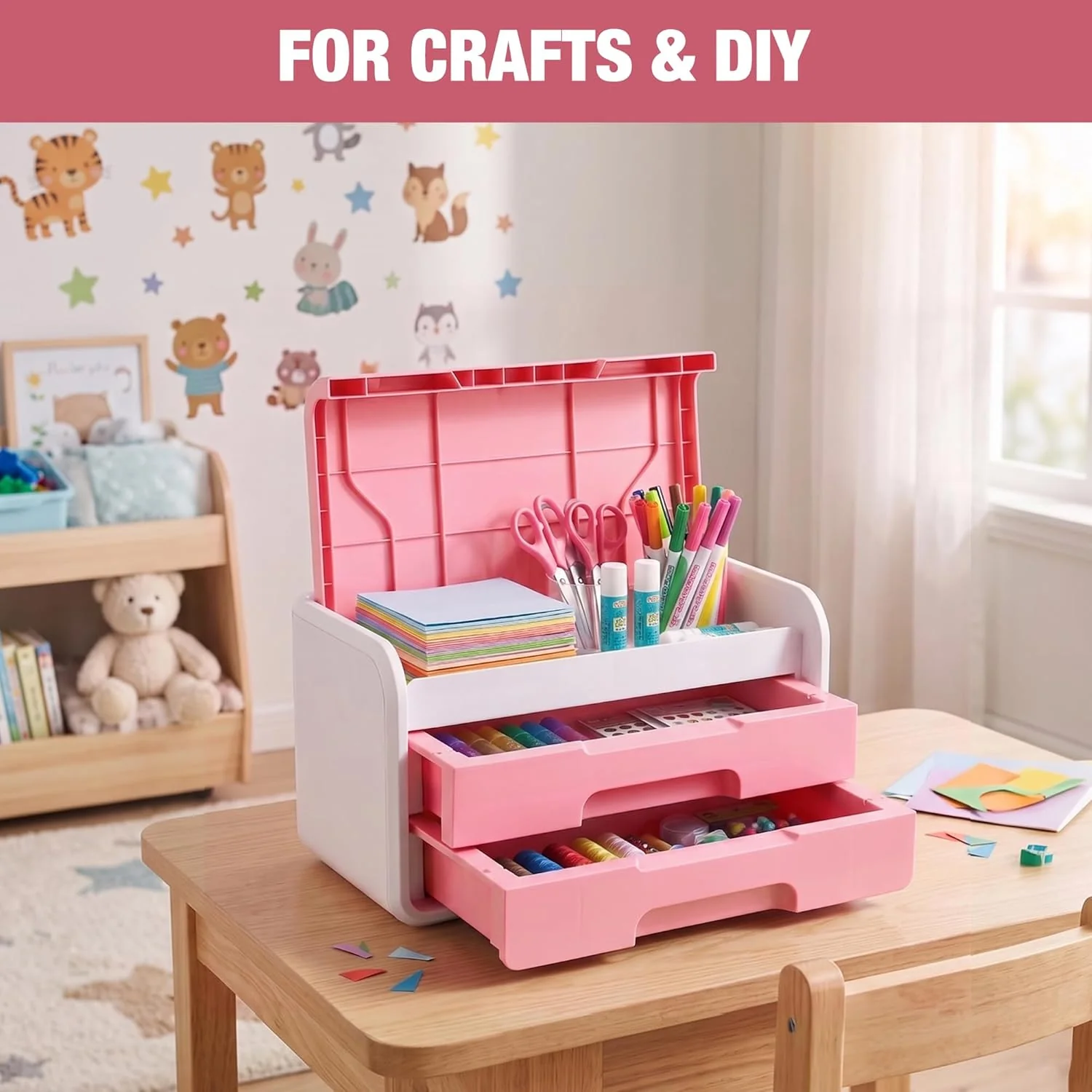 WORKPRO Small Desktop Drawer Organizer With 2 Drawers, Flip-Top Lid, Durable ABS Storage Box With PP Feet Pads, Lightweight Storage Case For Office Supplies, Desk Accessories and Crafts - Pink and White - Image 7